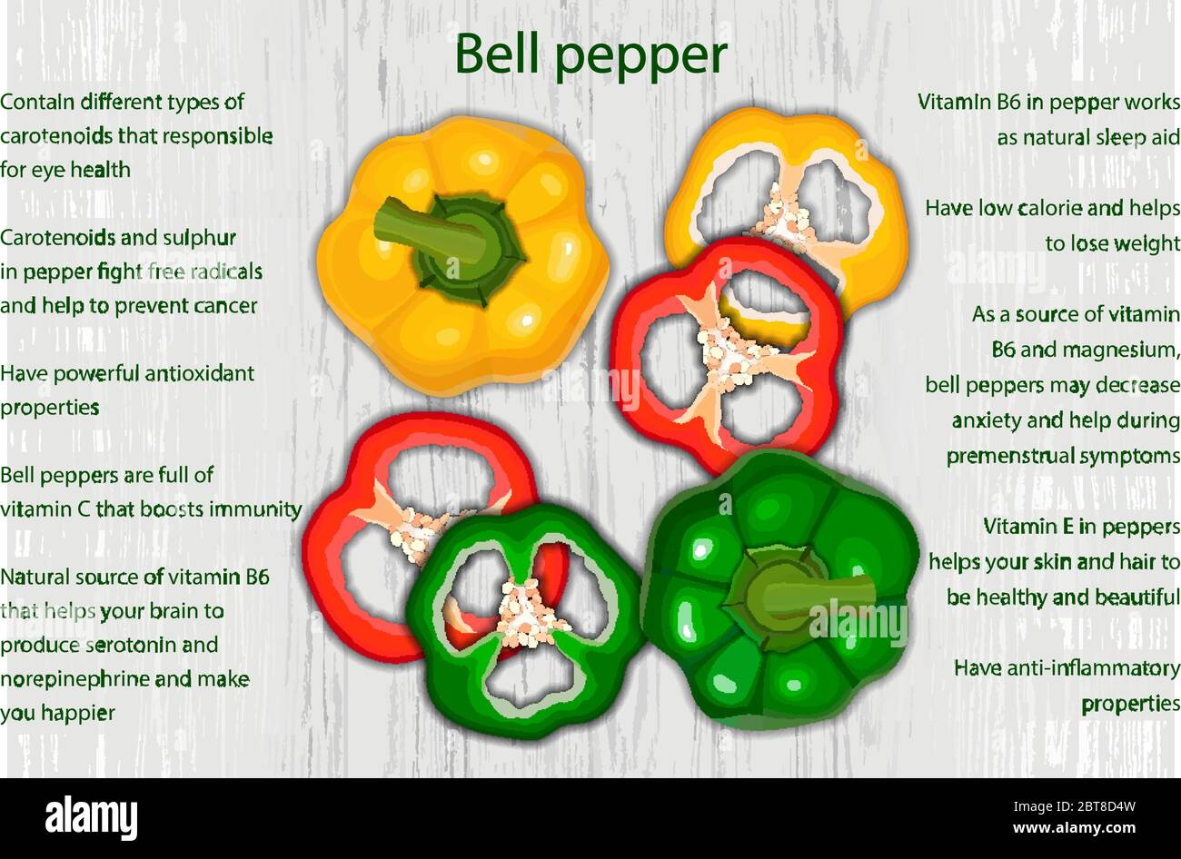 Bell pepper health benefits infographics on wooden background Stock