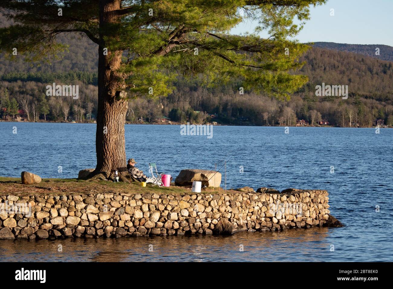 A lone fisherman leaning against a tree on Osborne Point on Lake Pleasant in the Adirondack Mountains, NY USA Stock Photo