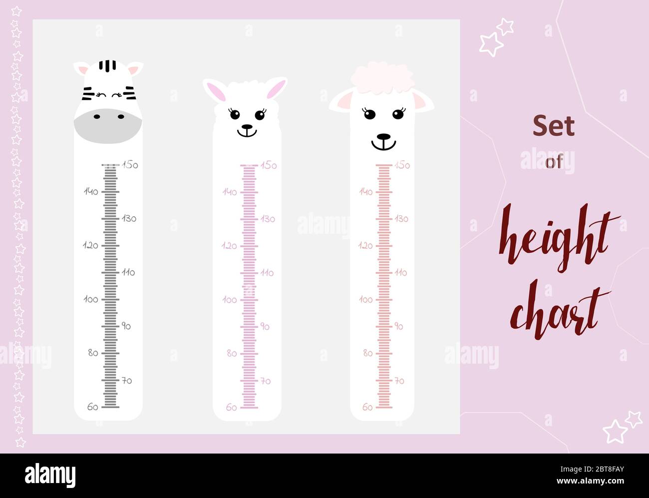 Kids space height chart. Cute wall meter with funny animals. Vector template. Cartoon zoo. Design of children's products in scandinavian style. Stock Vector