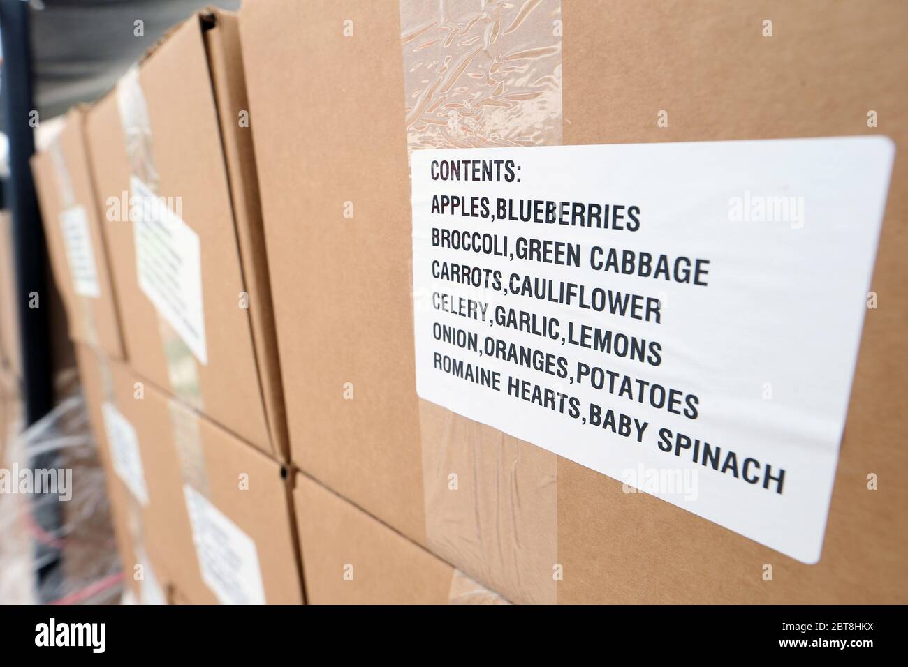 St. Louis, United States. 23rd May, 2020. A box, listing its contents, sits ready to be given away at the St. Louis Urban League's food give-a-way in St. Louis on Saturday, May 23, 2020. The 3300 cars that will get food will receive enough food to feed a family of four for several days. This event is the eighth food give-a-way put on by the Urban League. Many are in need of the food due to the coronavirus. Photo by Bill Greenblatt/UPI Credit: UPI/Alamy Live News Stock Photo