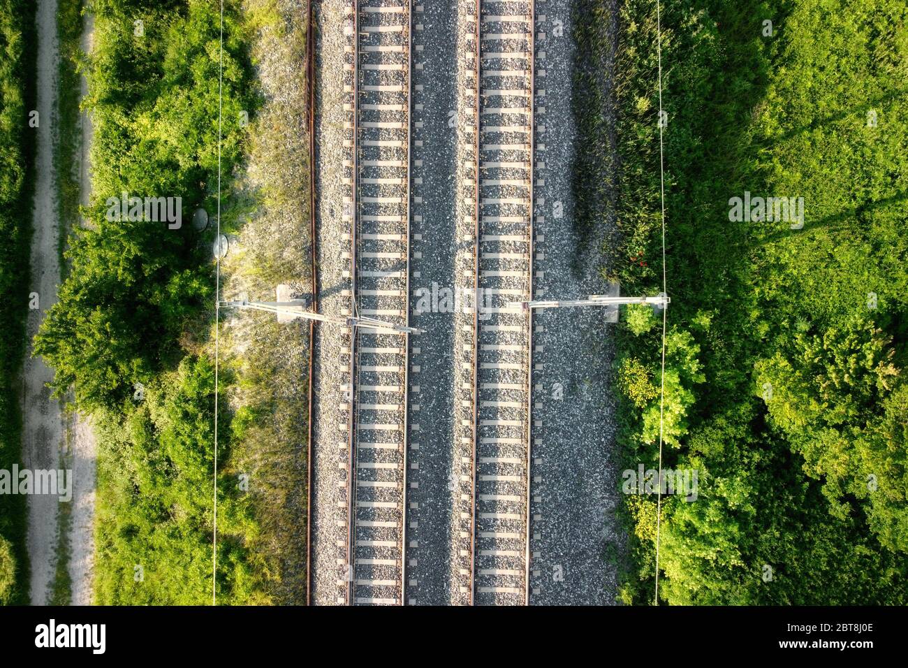 Flying over railway tracks, top view . Stock Photo