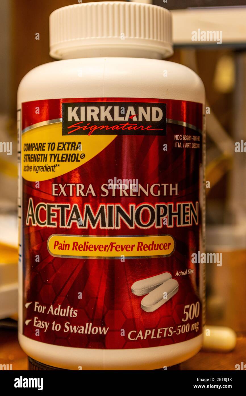 A large bottle of Costco's Kirkland brand of extra strength acetaminophen Stock Photo