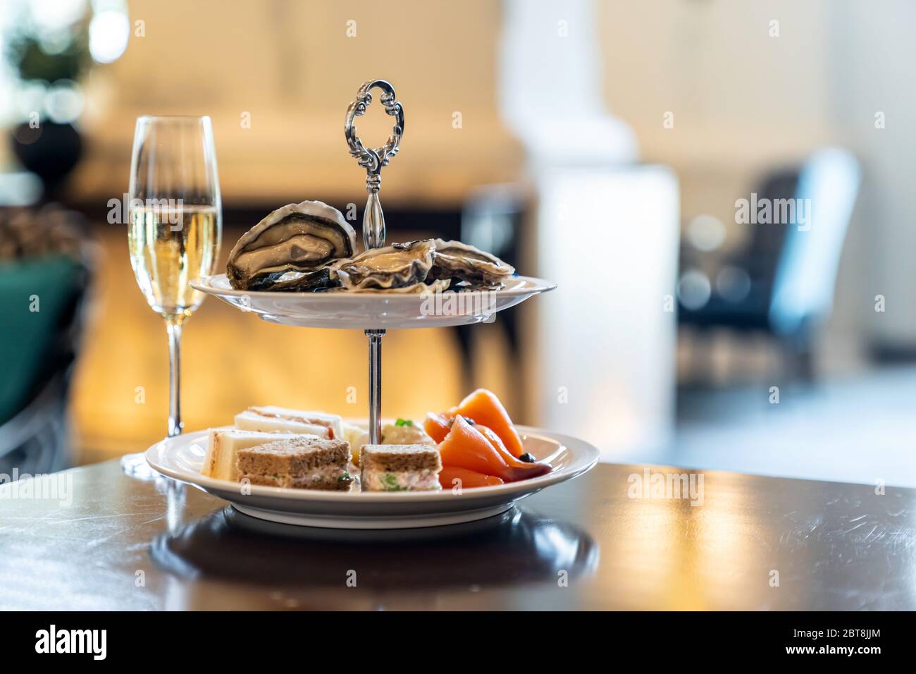 cocktail Canapes dish, Fresh Oyster and smoked salmon seafood