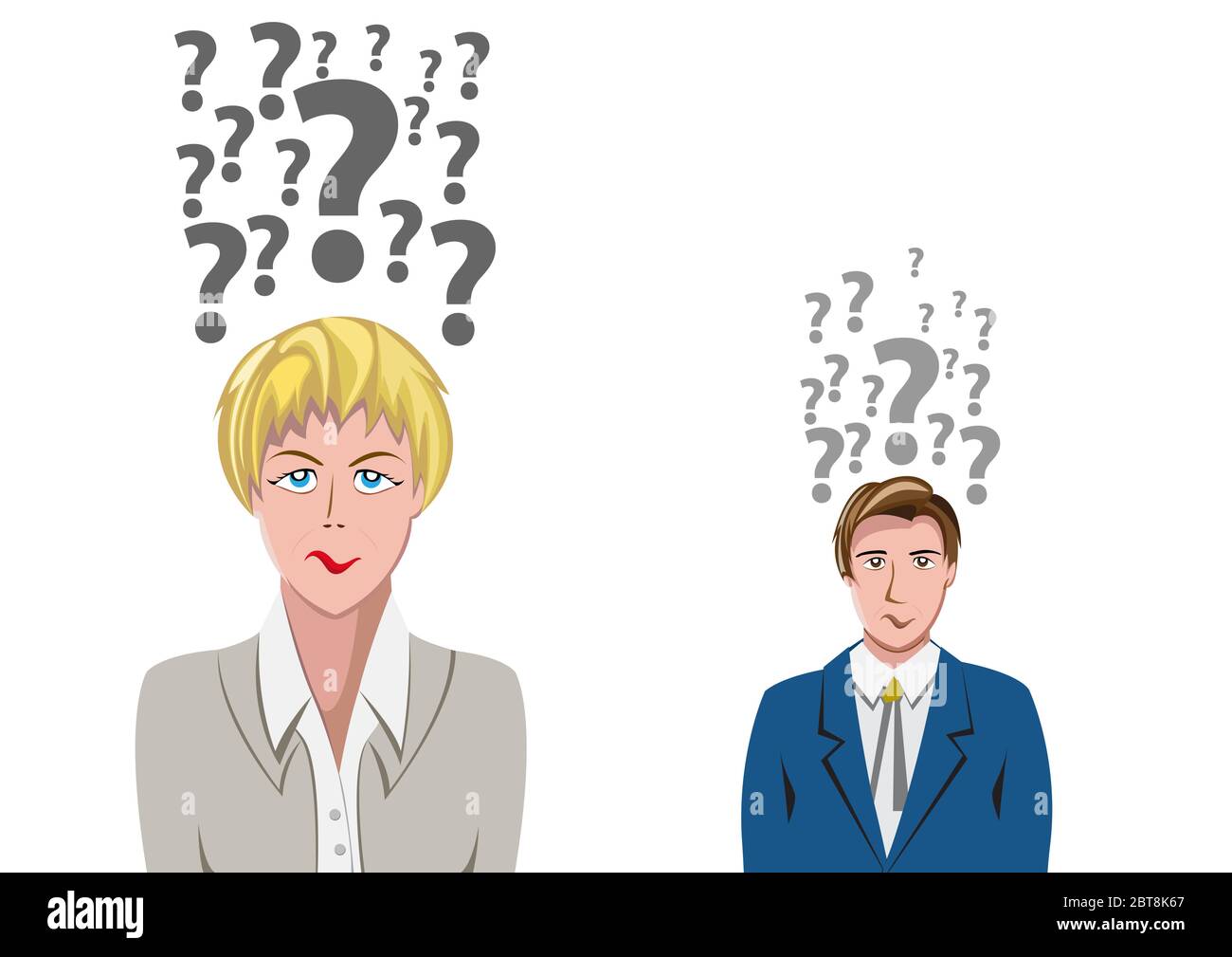 Vector Human Doubt, question mark in the head. Man and woman asking questions. Stock Vector