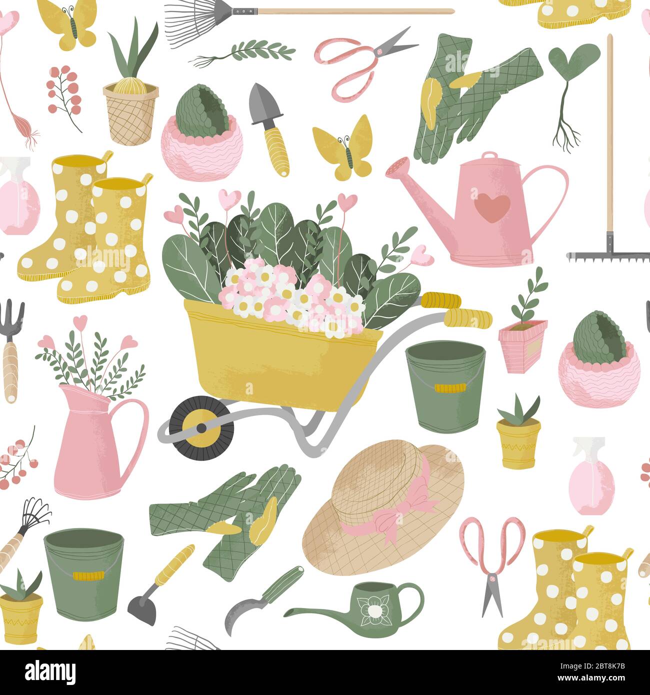 Vector seamless pattern with gardening tools. Hand drawn cute flat icon with texture or garden equipment and flowers on white background. Repeated bac Stock Vector