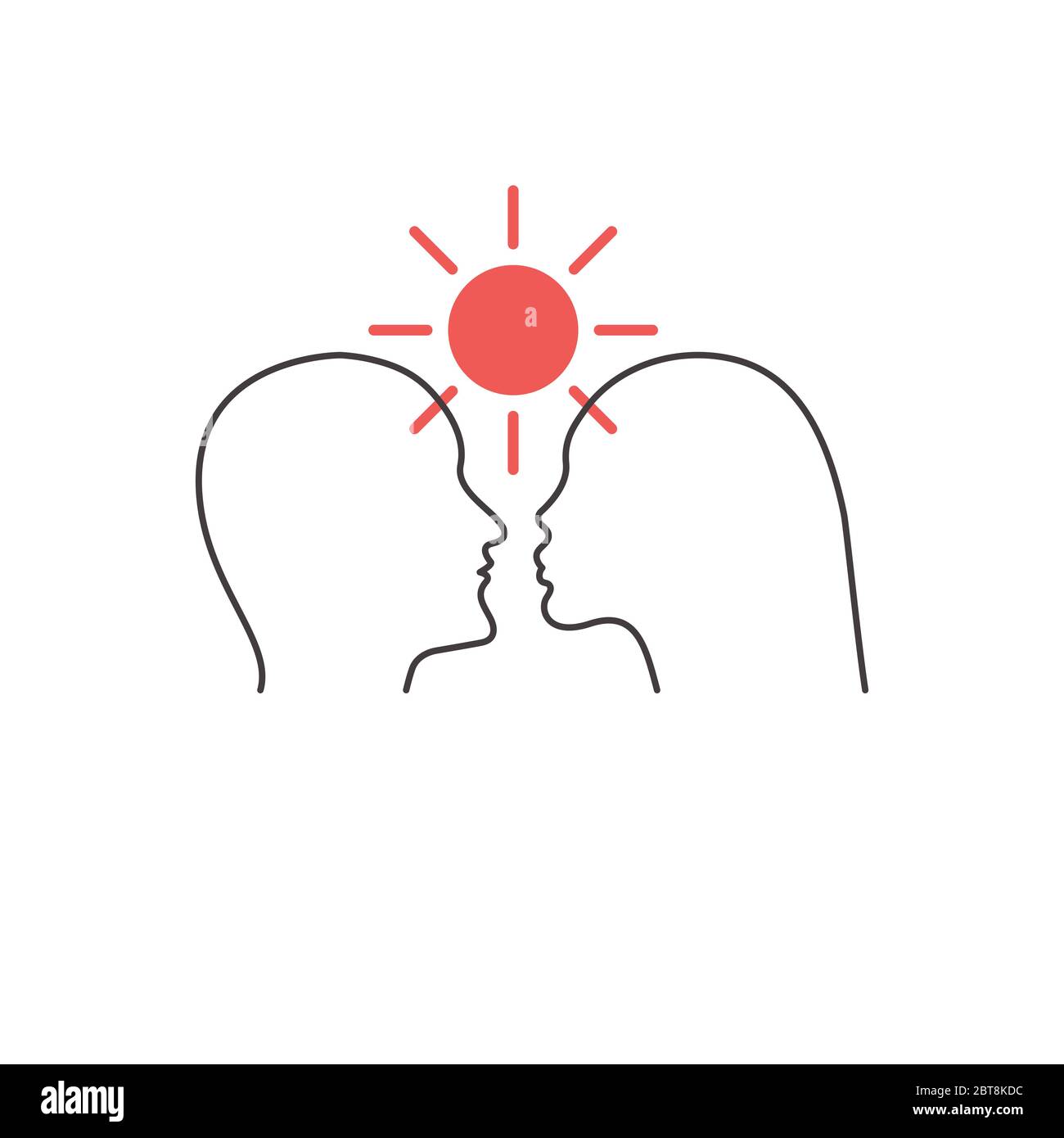 Love icon. Male and female line profiles against sun. Logo of family psychotherapy, Dating site Stock Vector