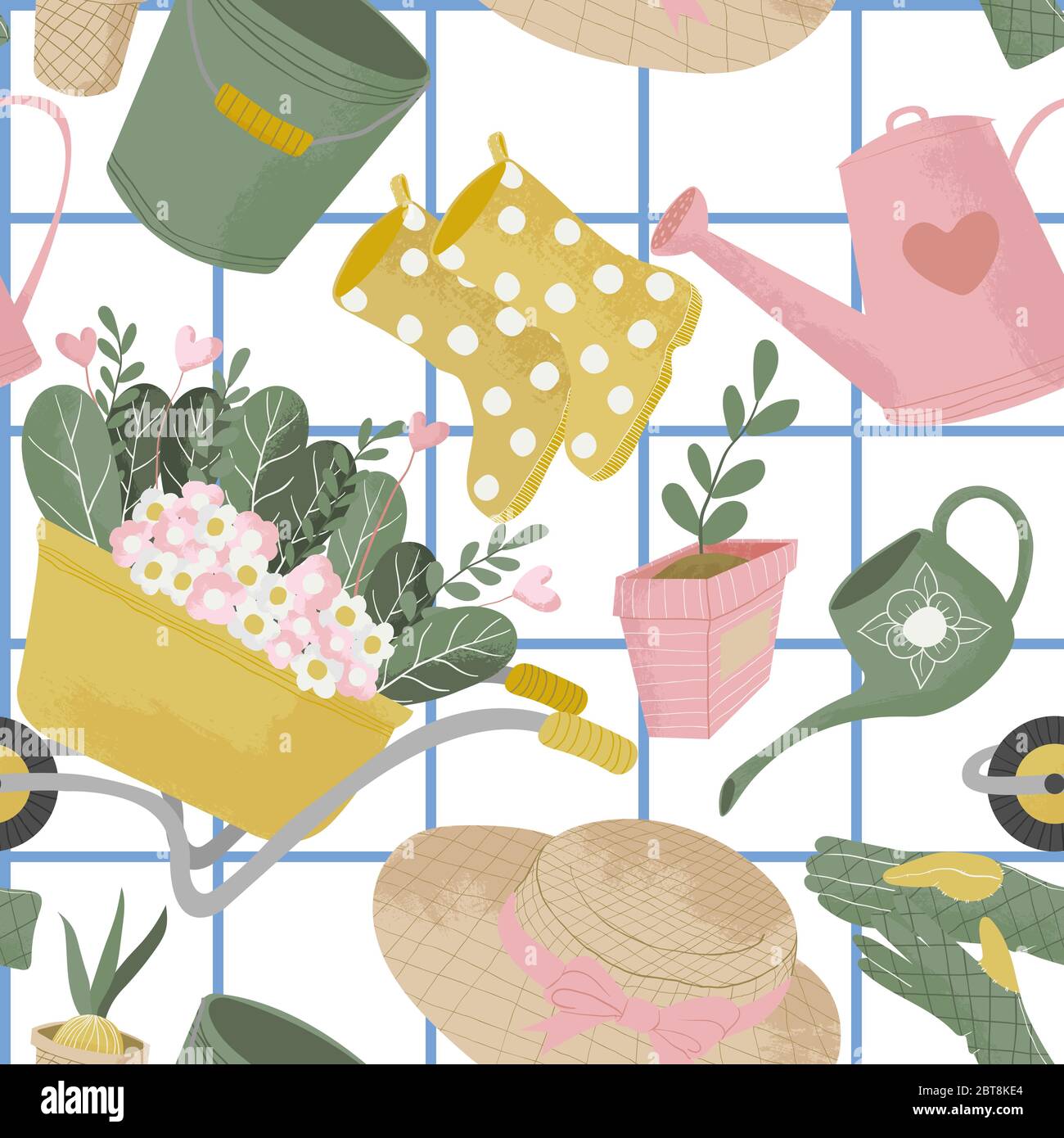 Vector seamless pattern with gardening tools. Hand drawn cute flat icon with texture or garden equipment and flowers. Repeated background for wrapping Stock Vector