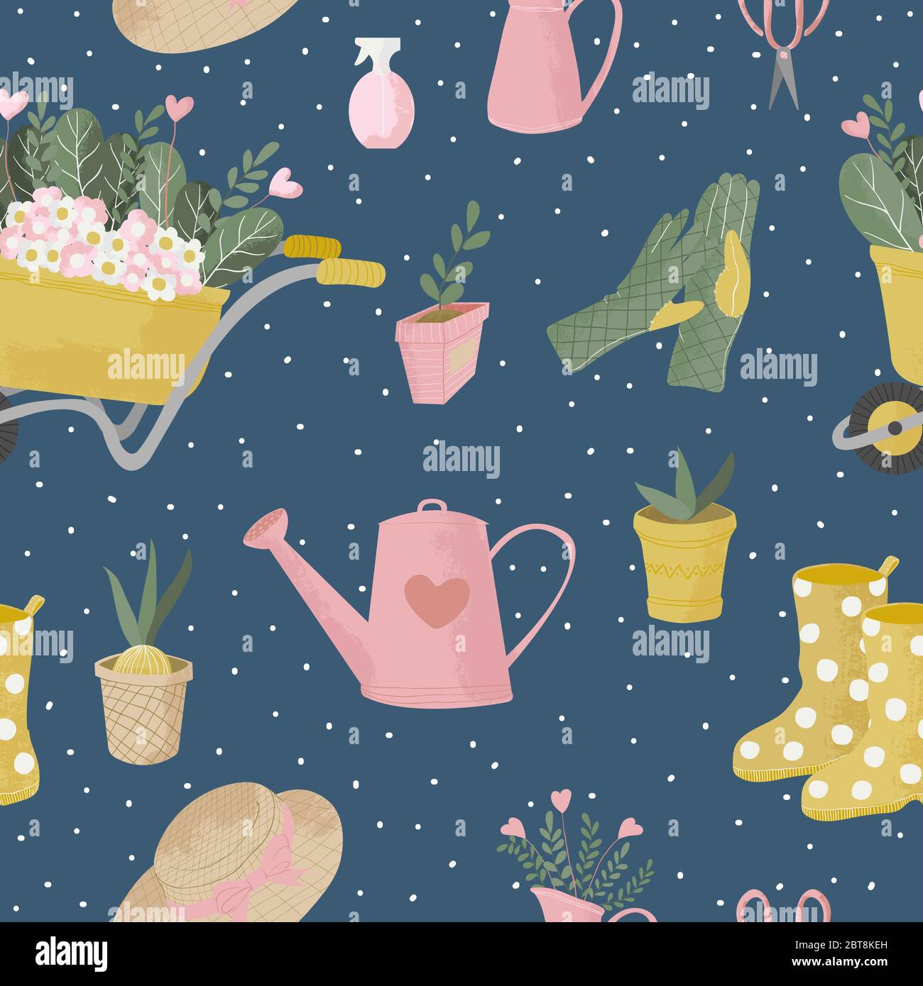 Vector seamless pattern with gardening tools. Hand drawn cute flat icon with texture or garden equipment and flowers on blue background. Stock Vector