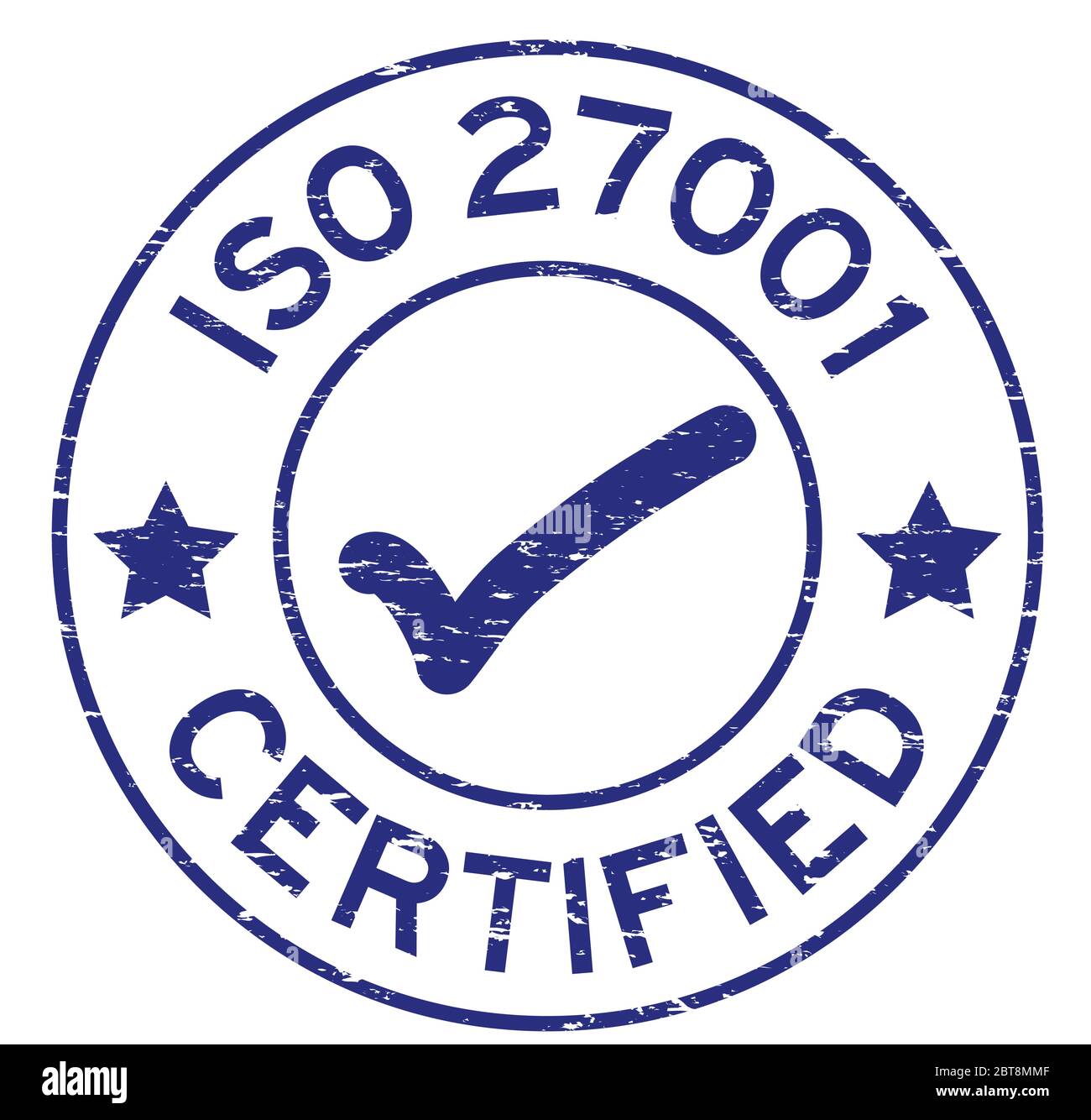 Grunge blue ISO 27001 certified round rubber seal stamp on white ...