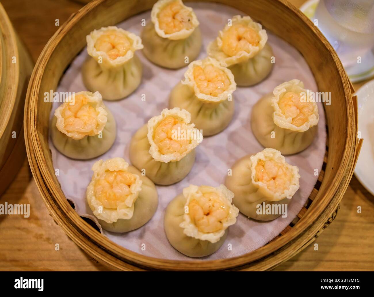 Freshly steamed traditional Chinese har gao dumplings with shrimp and