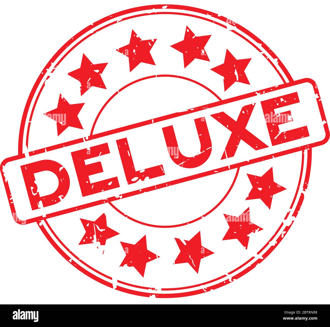 Grunge red deluxe word with star icon round rubber seal stamp on white ...