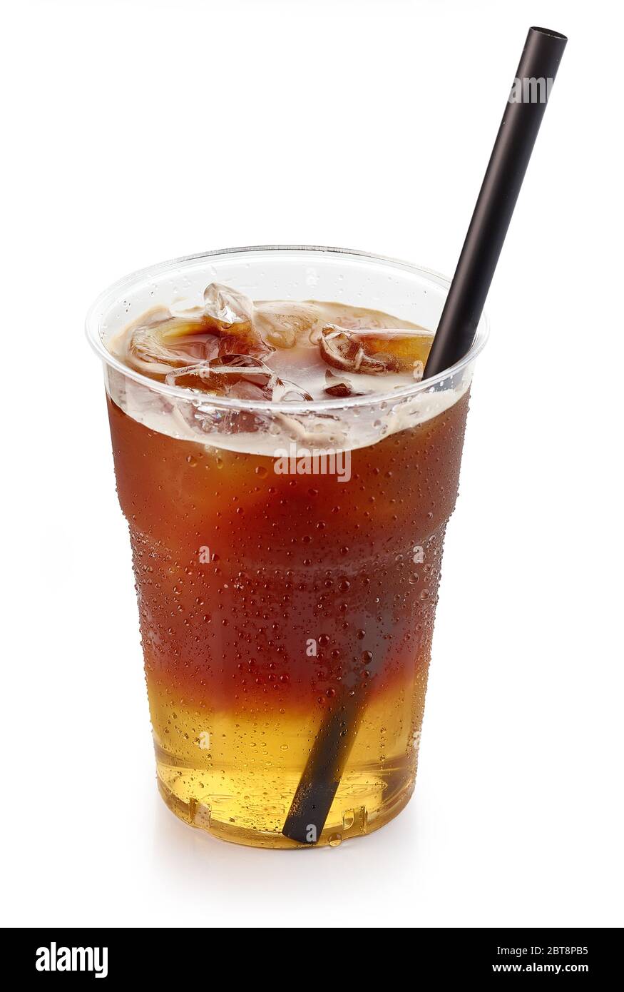 iced layered coffee drink in plastic cup isolated on white background