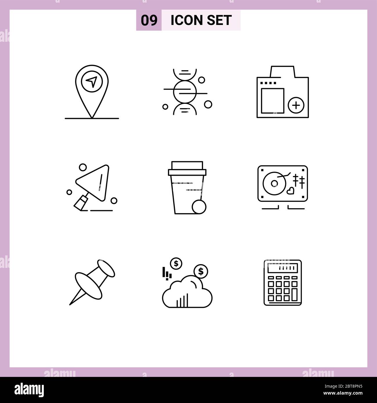 Set of 9 Modern UI Icons Symbols Signs for music, soup, digital, glass, construction tools Editable Vector Design Elements Stock Vector
