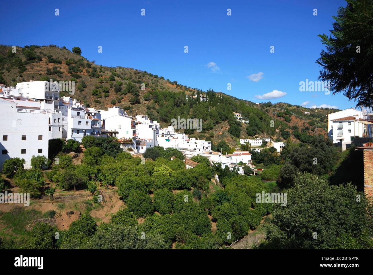 View of the edge of the town and surrounding countryside, Tolox, Malaga Province, Andalucia, Spain, Western Europe. Stock Photo