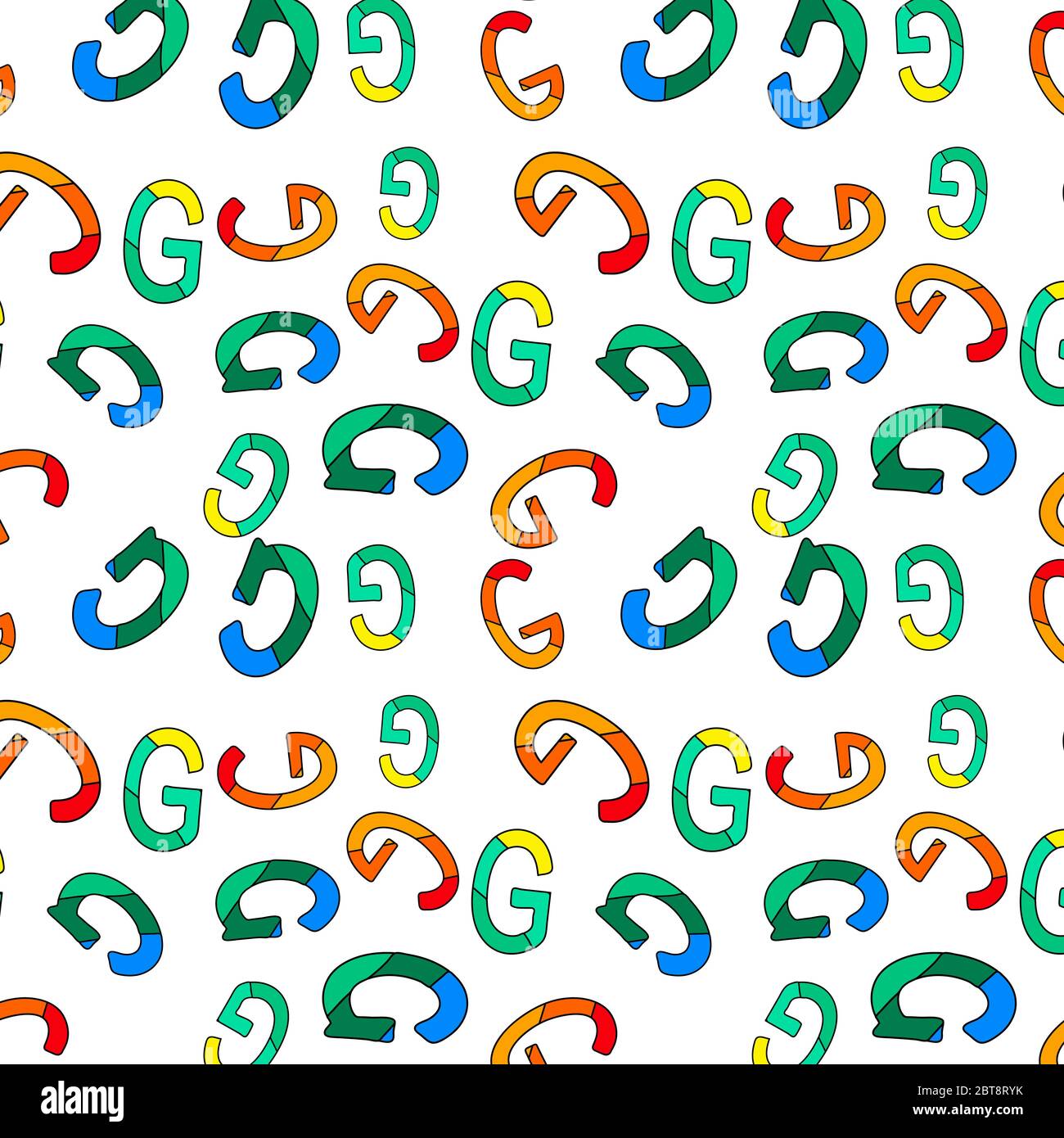 Letters G - seamless pattern. Randomly G letters of green, blue, yellow, red, orange shades. G is the seventh letter of the basic Latin alphabet. Stock Vector