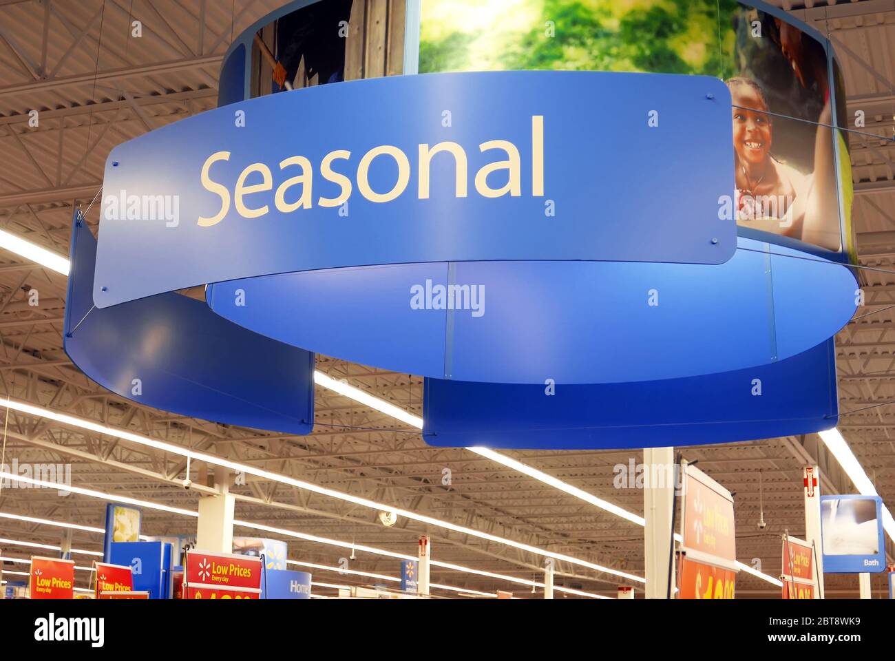 Motion of seasonal sign on sport equipment section inside Walmart store Stock Photo