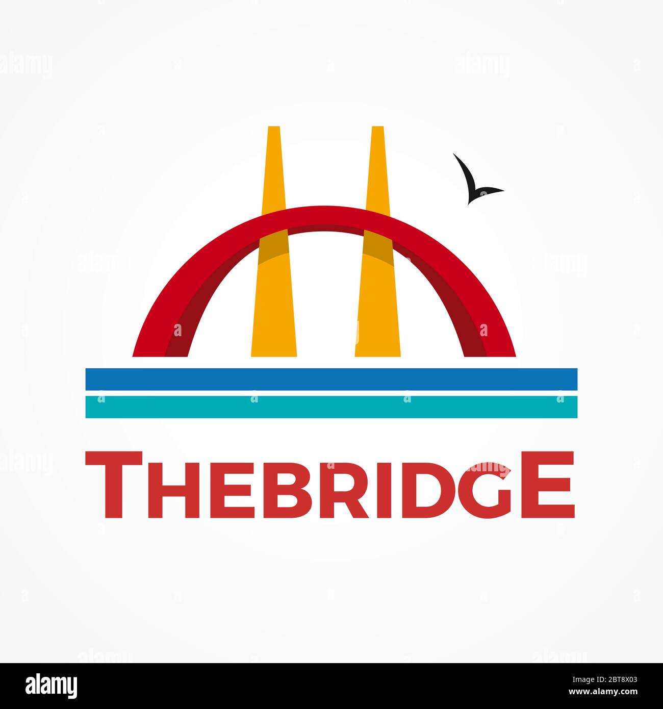 Vector logo abstract red bridge with orange pillars, connection concept