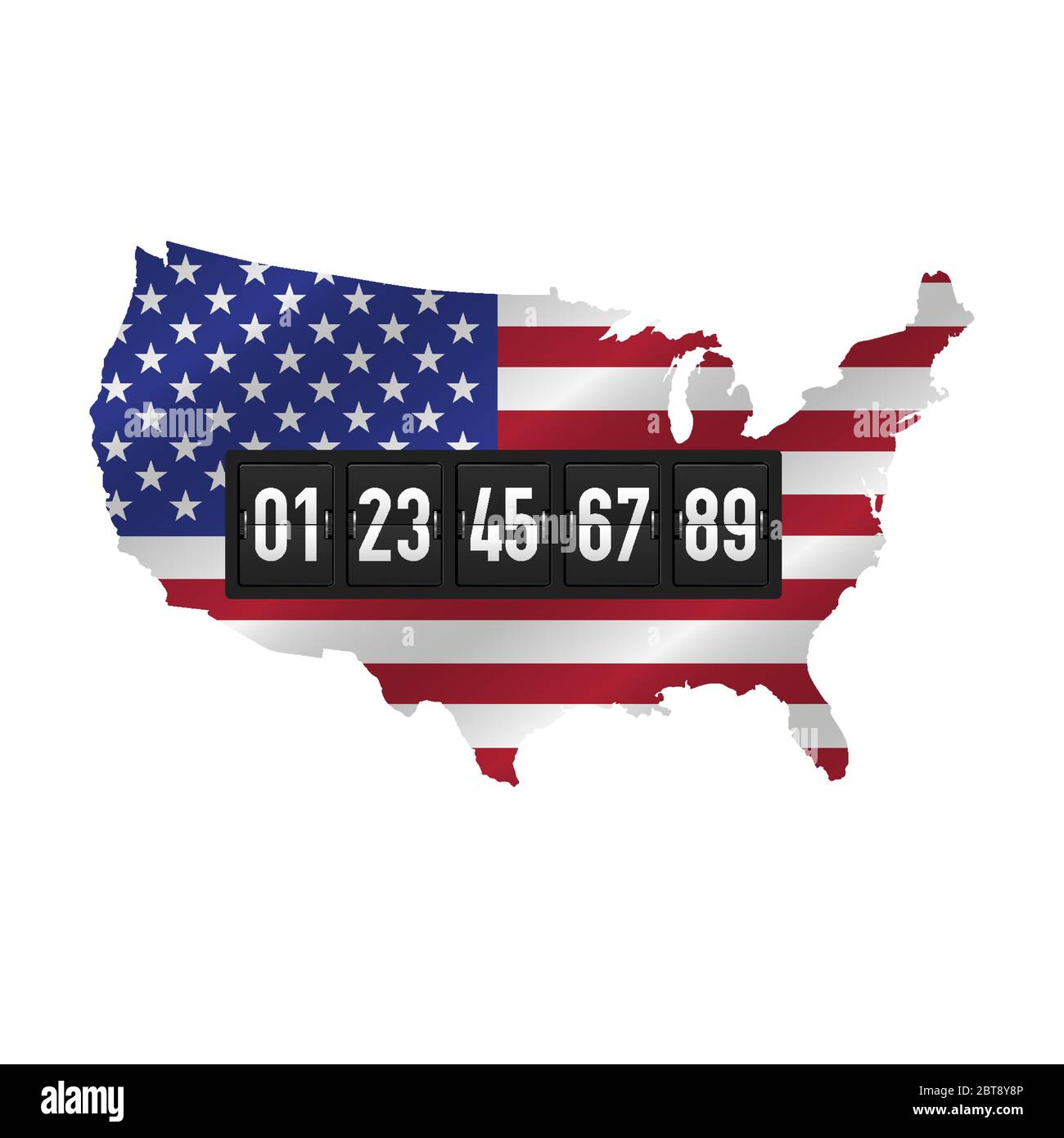 Detailed USA map with masked waving flag and black analog counter Stock