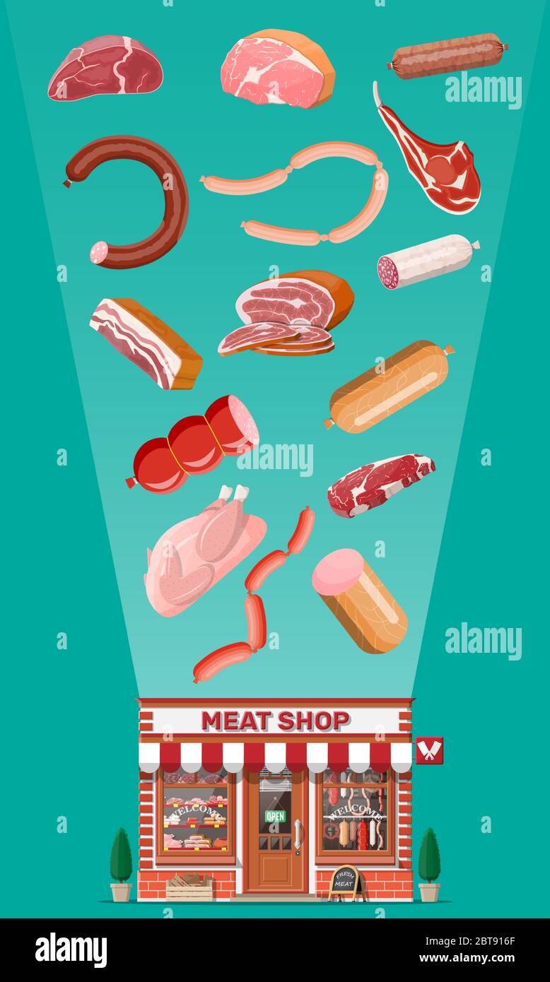 Vintage butcher shop store facade with storefront. Meat street market. Meat store stall showcase counter. Sausage slices delicatessen gastronomic product of beef pork chicken. Flat vector illustration Stock Vector