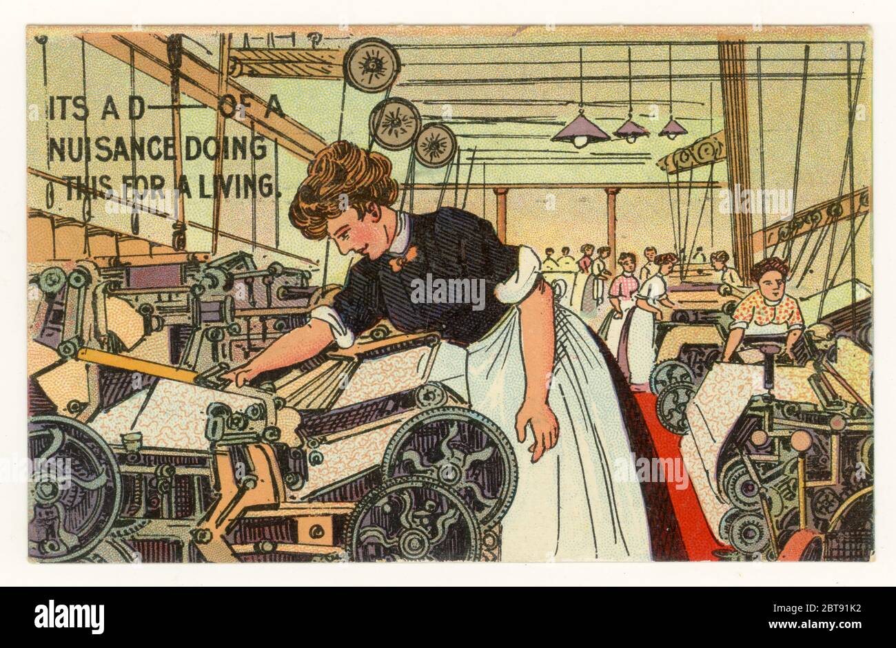 Early 1900's comic cartoon postcard of unhappy mill worker, Lancashire, England, U.K circa 1910 Stock Photo