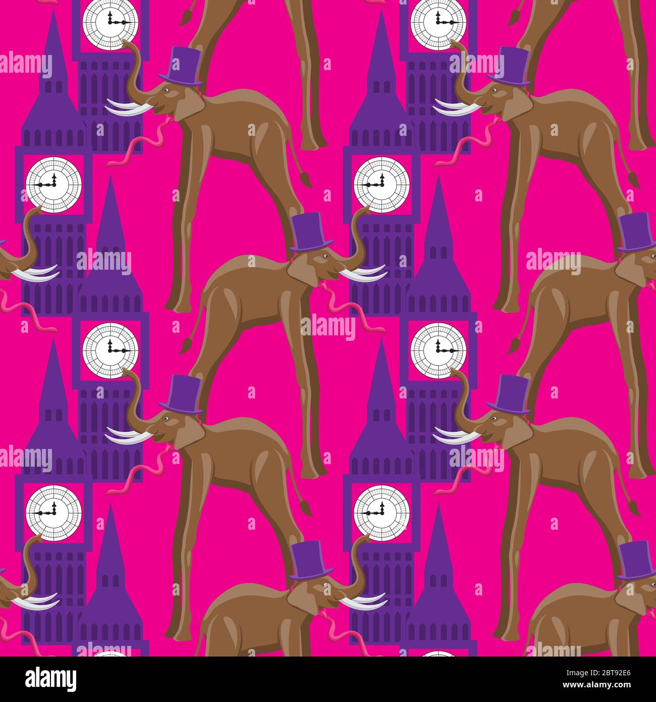 seamless elephant pattern in the hat and tie the building with the clock on a pink background. Vector image Stock Vector