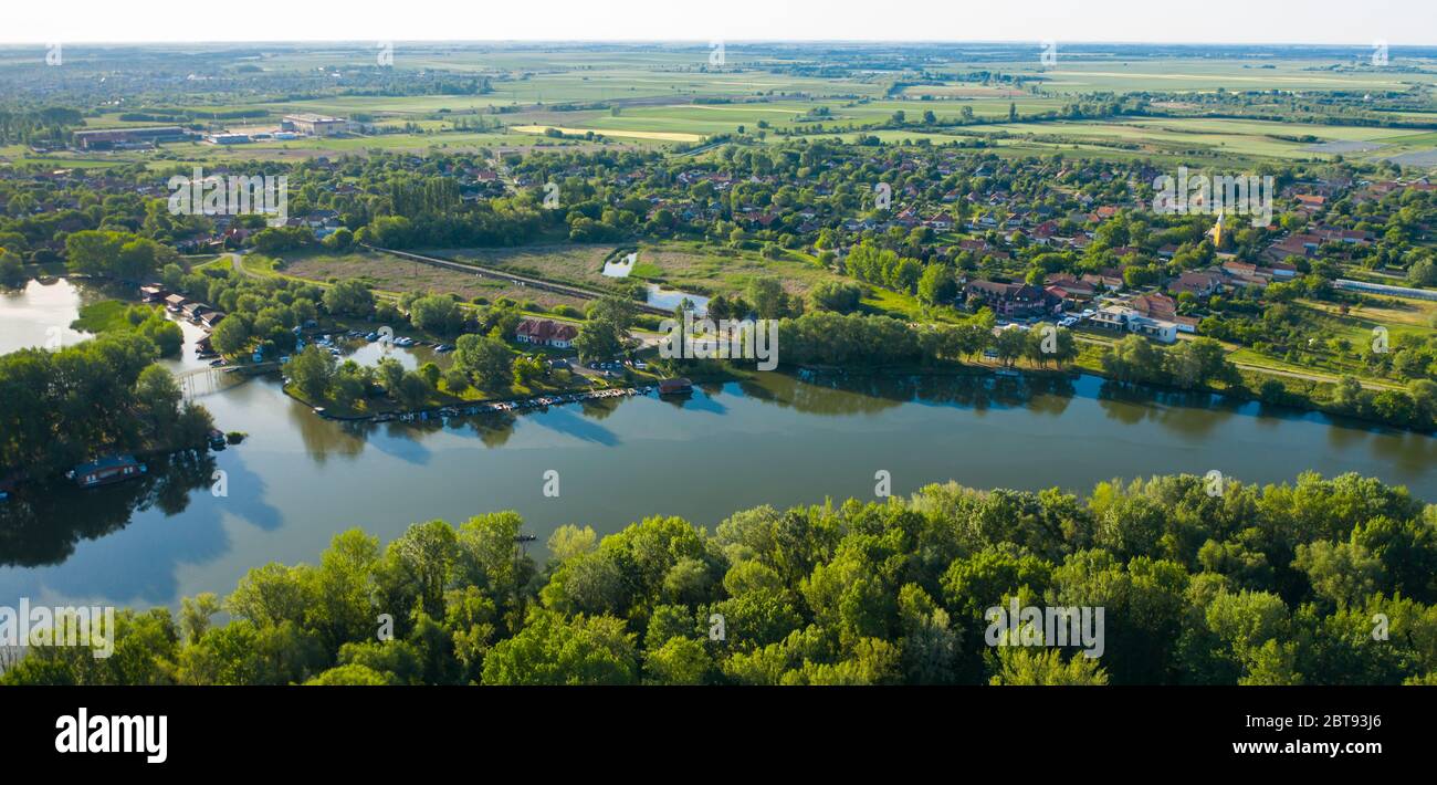 Aerial view of Tiszafured in Hungary. European countryside landscape. Stock Photo