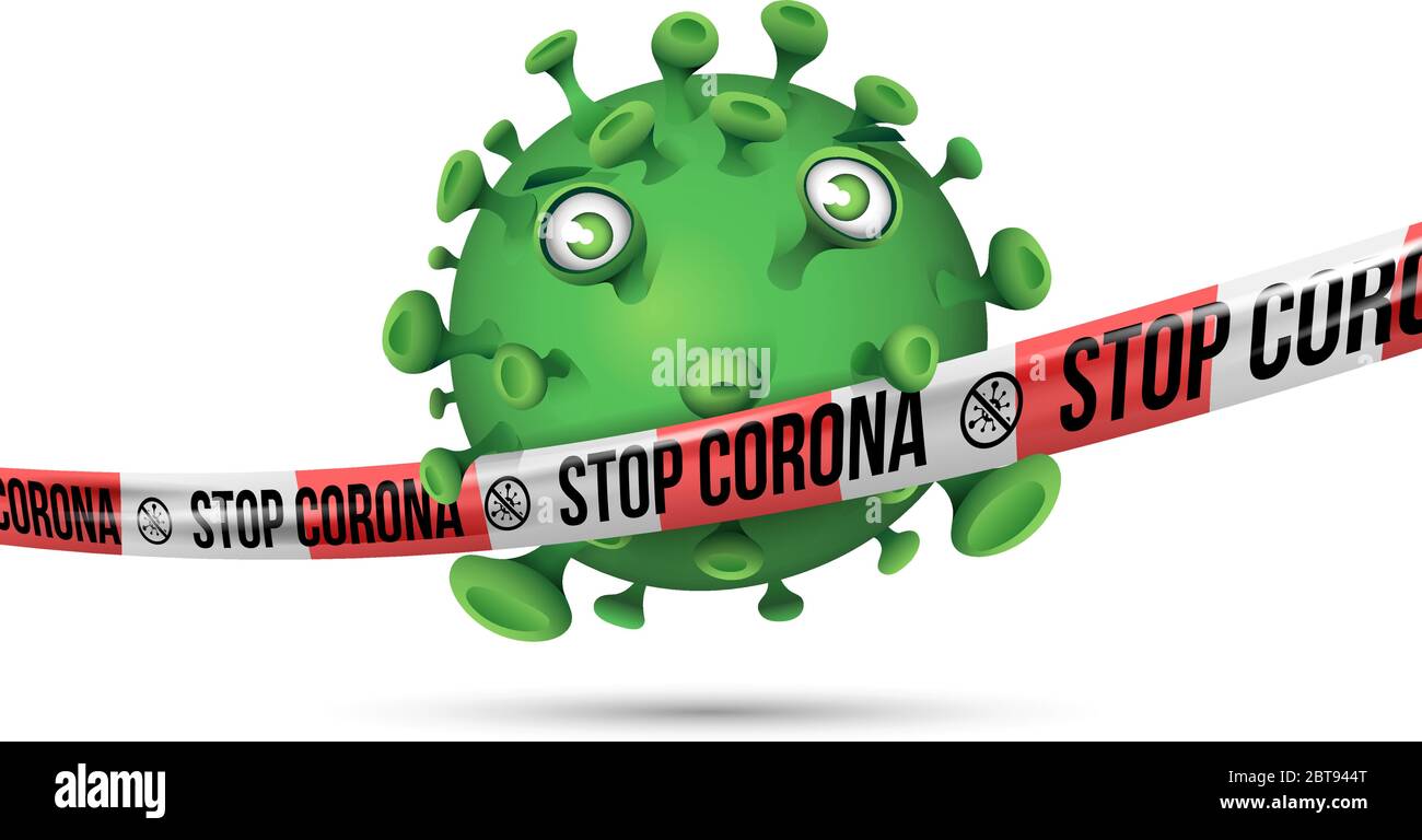 Green virus behind stretched red-white barrier tape with imprint - Stop Corona Stock Vector