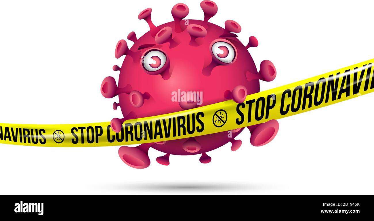 Purple red virus behind stretched yellow barrier tape with imprint - Stop Coronavirus Stock Vector