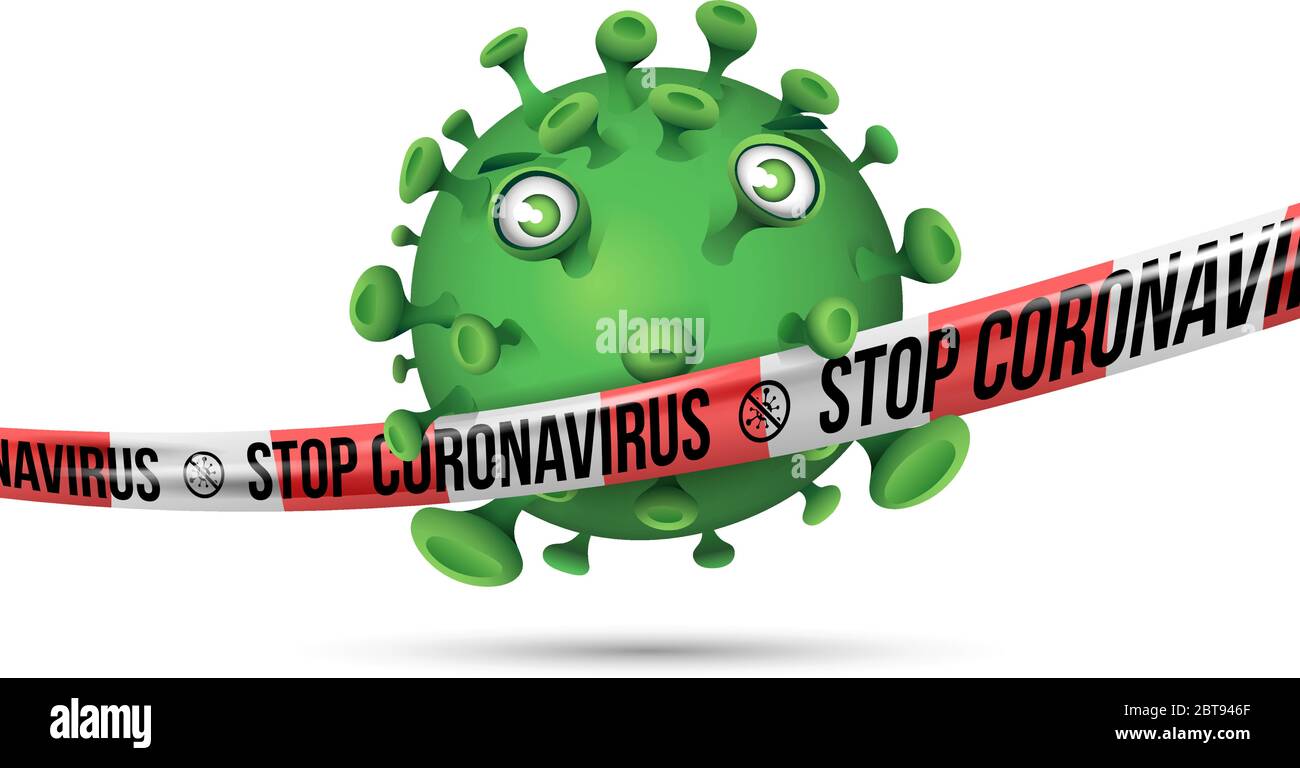 Green virus behind stretched red-white barrier tape with imprint - Stop Coronavirus Stock Vector