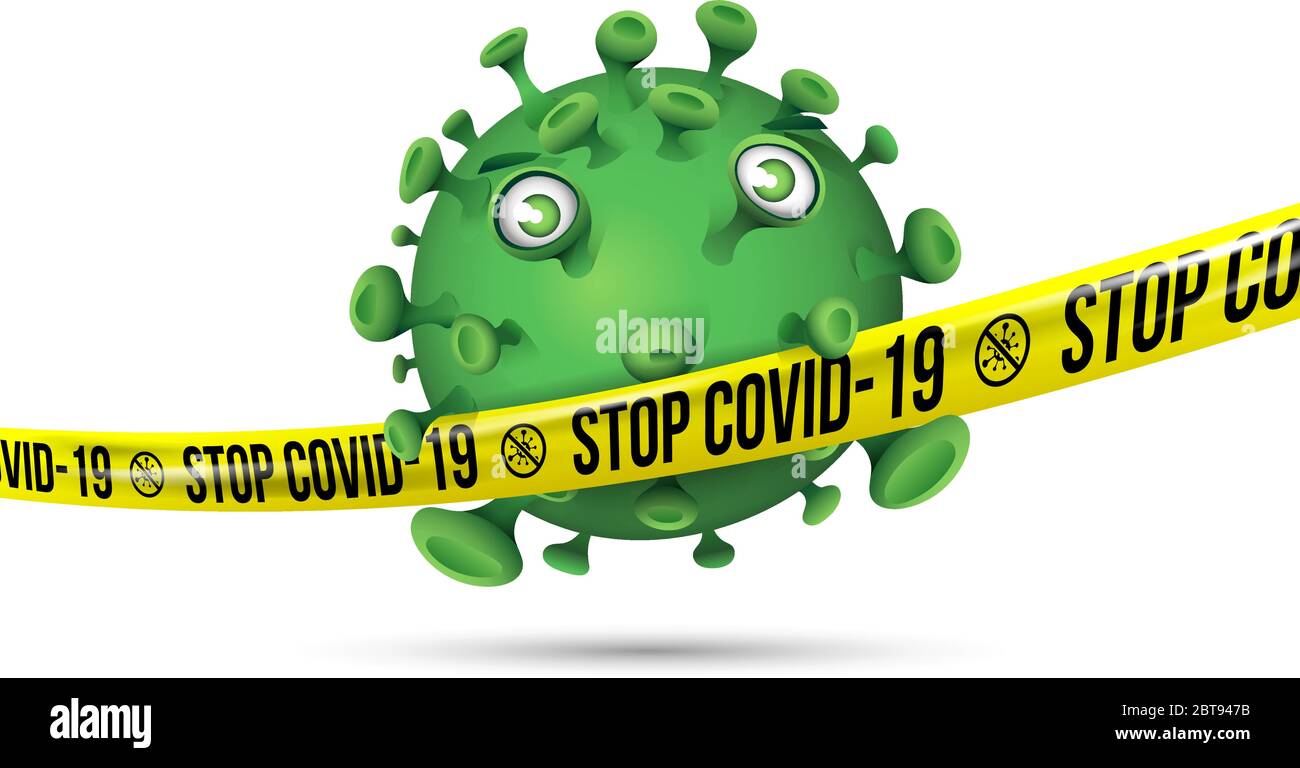 Green virus behind stretched yellow barrier tape with imprint - Stop Covid-19 Stock Vector