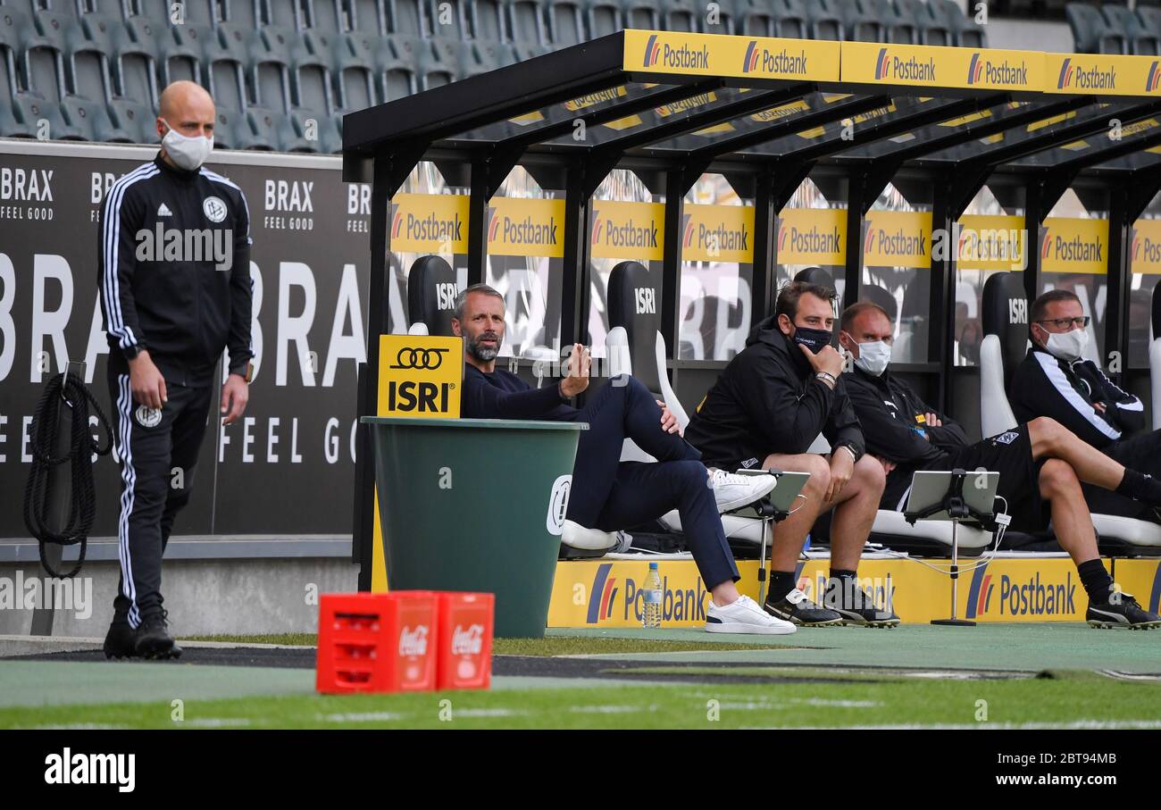 Borussia Park Moenchengladbach Germany, Football: German Bundesliga  matchday 27, Borussia Moenchengladbach (BMG, white) vs Bayer 04 Leverkusen  (B04, red) 1:3 — Trainer Marco Rose (BMG), Co-Trainer Rene Maric (BMG),  Co-Trainer Alexander Zickler (