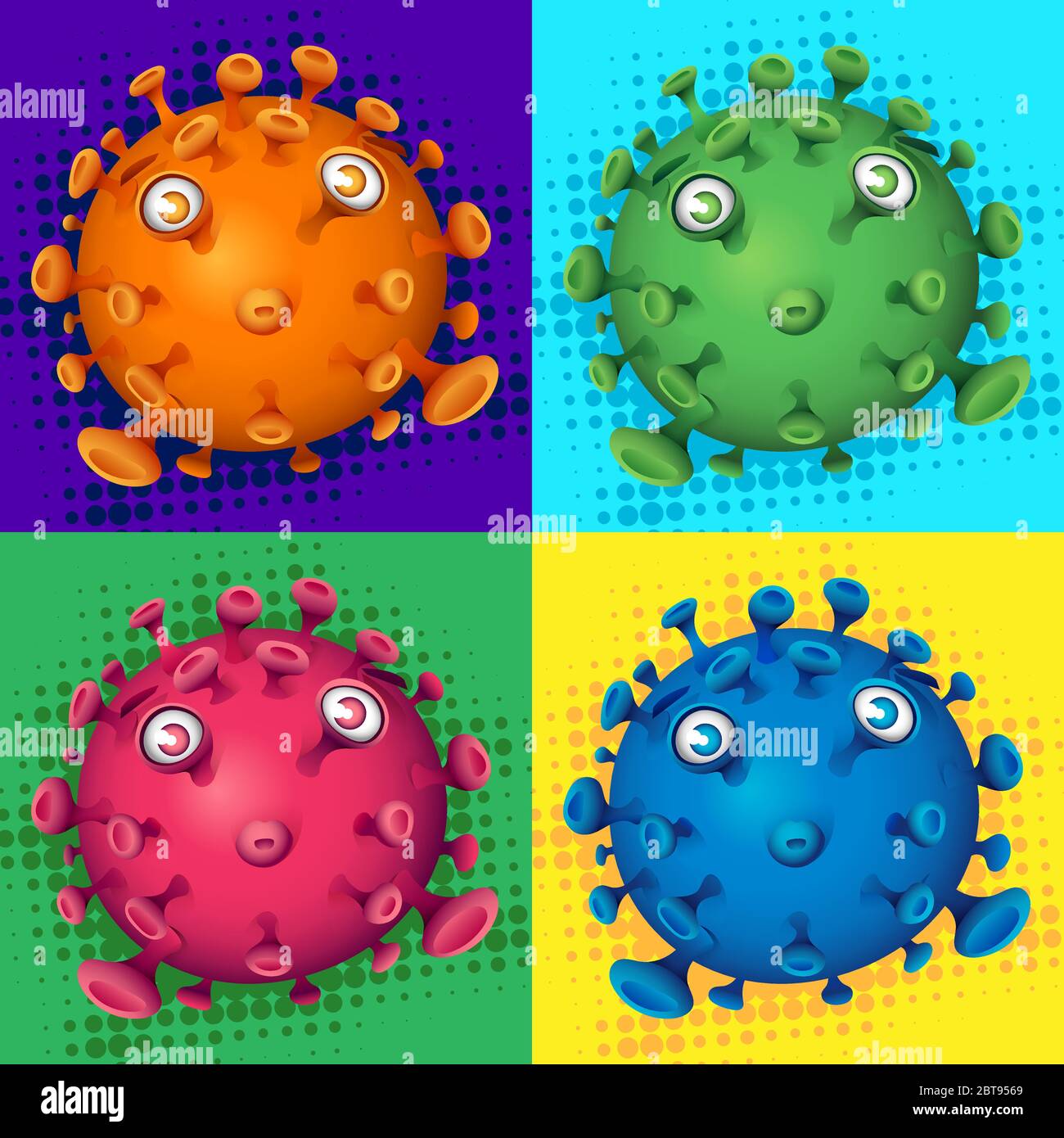 Colorful retro virus Pop Art with four frames in landscape format 16:9 Stock Vector