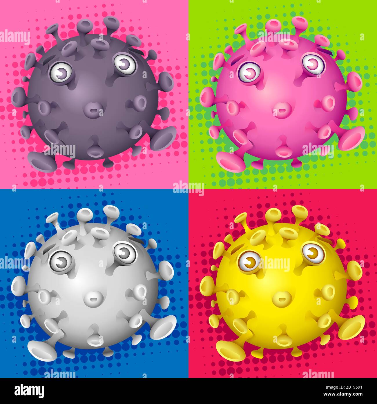 Colorful retro virus Pop Art with four frames in landscape format 16:9 Stock Vector