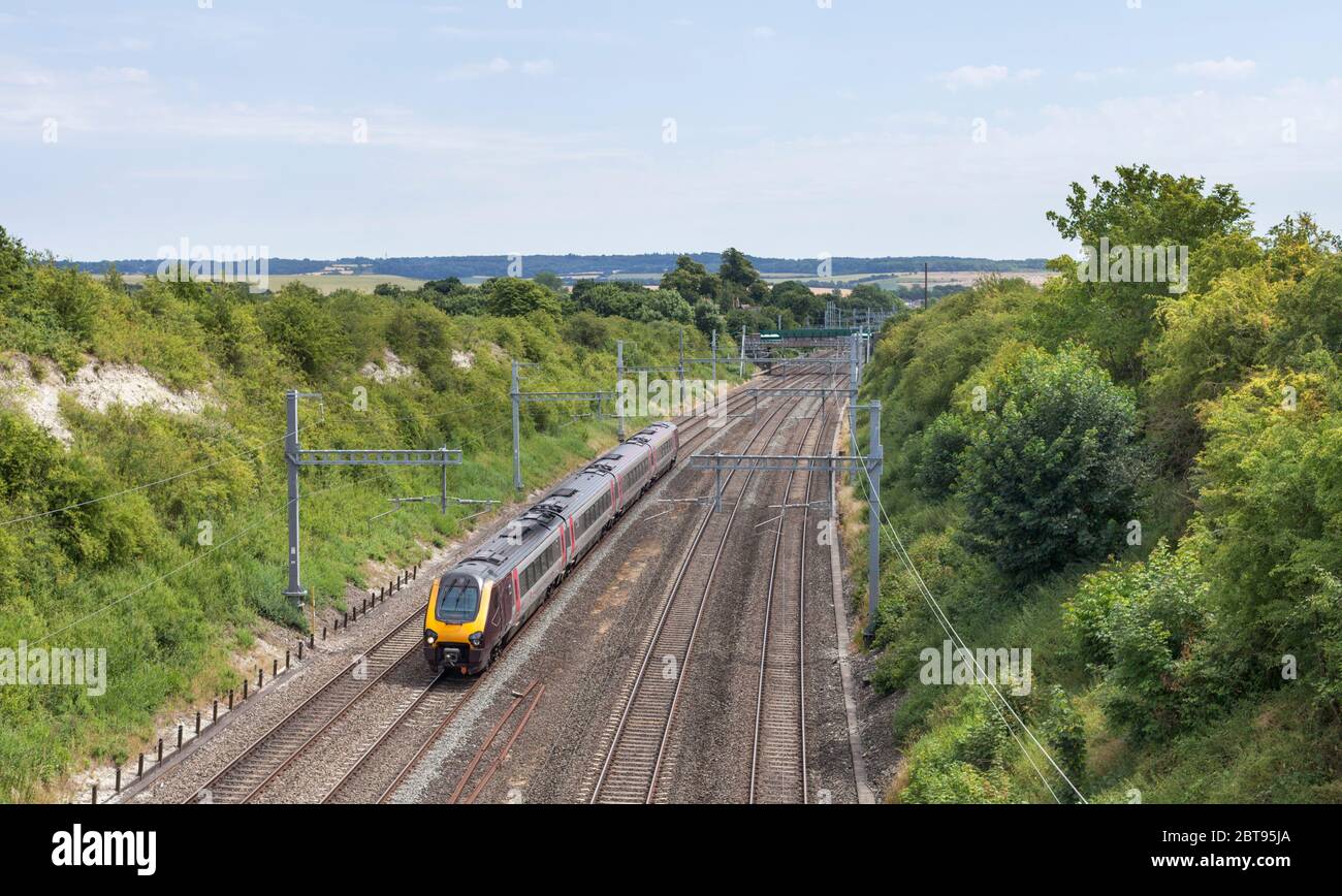 Crosscountry Trains class 220 diesel train passing Cholsey  on the 4 track great western mainline Stock Photo