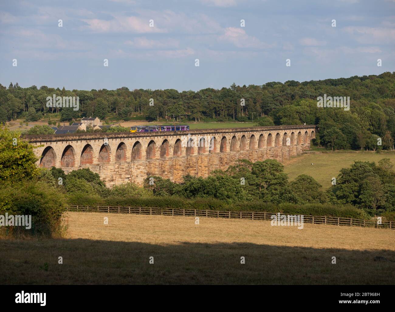 Northern rail class 150 sprinter train + class 144 pacer train crossing the long  Crimple valley viaduct (south of Harrogate) Stock Photo