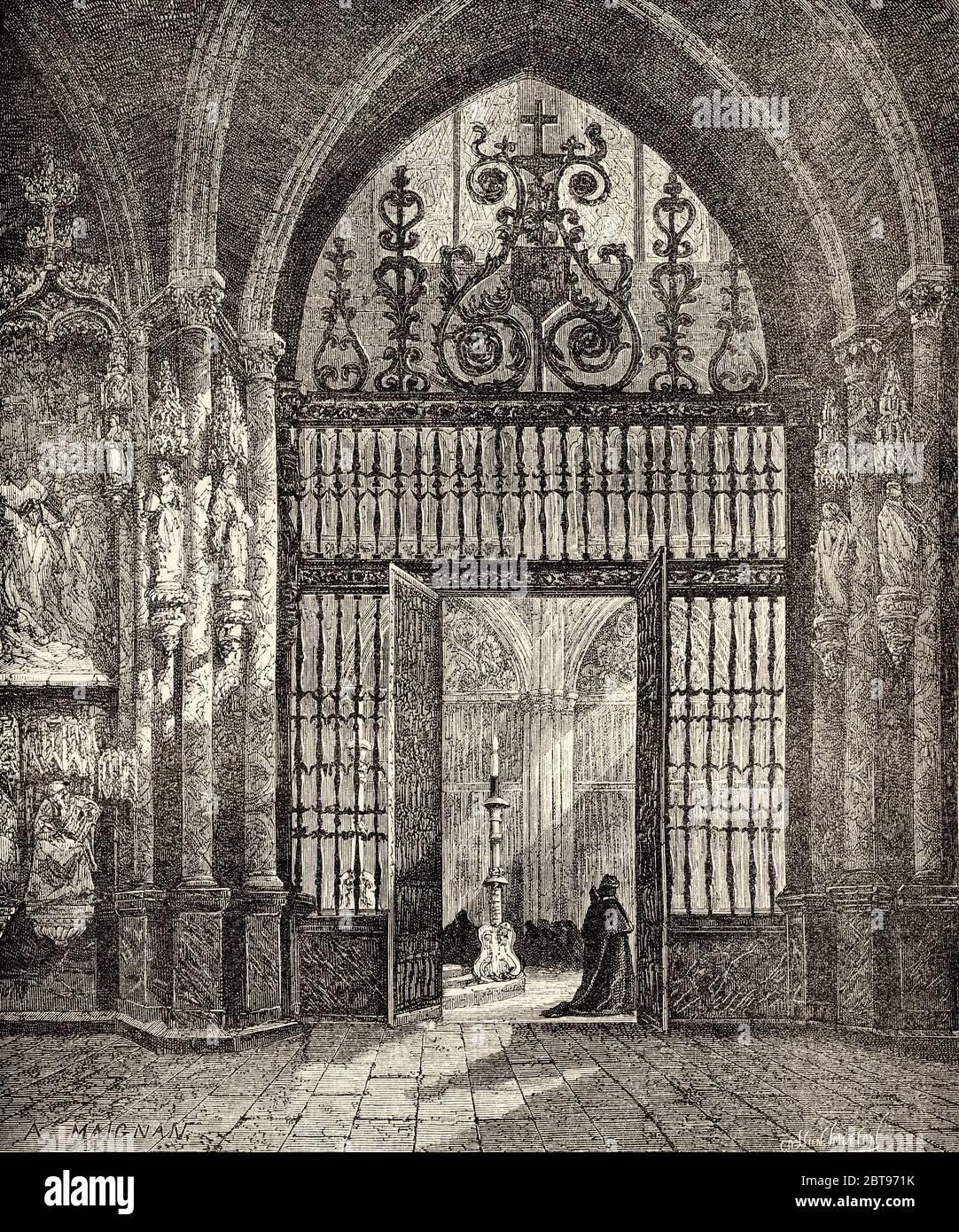 Interior gothic cathedral of Burgos, UNESCO World Heritage Site, Burgos, Castile and Leon. Spain, Europe. Old 19th century engraved illustration, El Mundo en la Mano 1878 Stock Photo