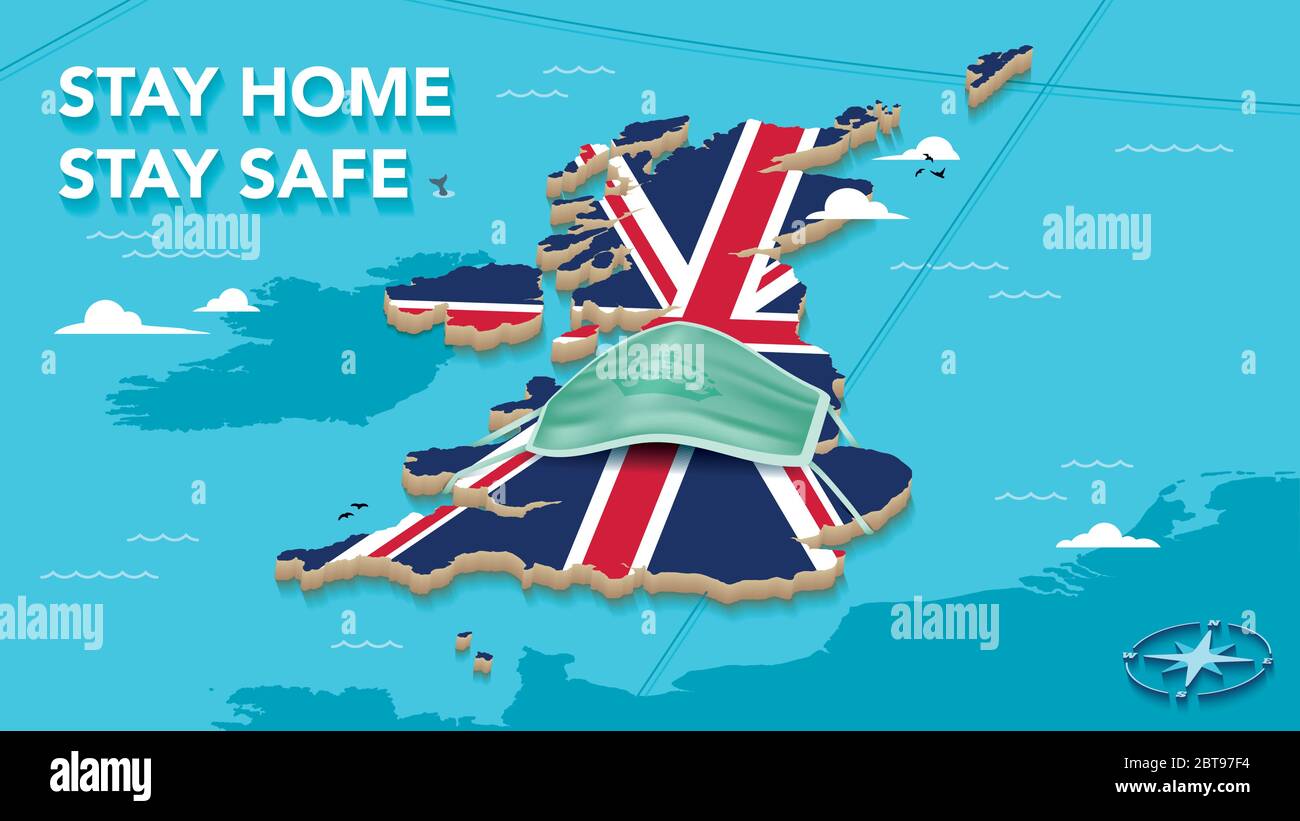 Map Of The United Kingdom With Union Jack Flag and Face Mask - Stay Home Stay Safe Stock Vector