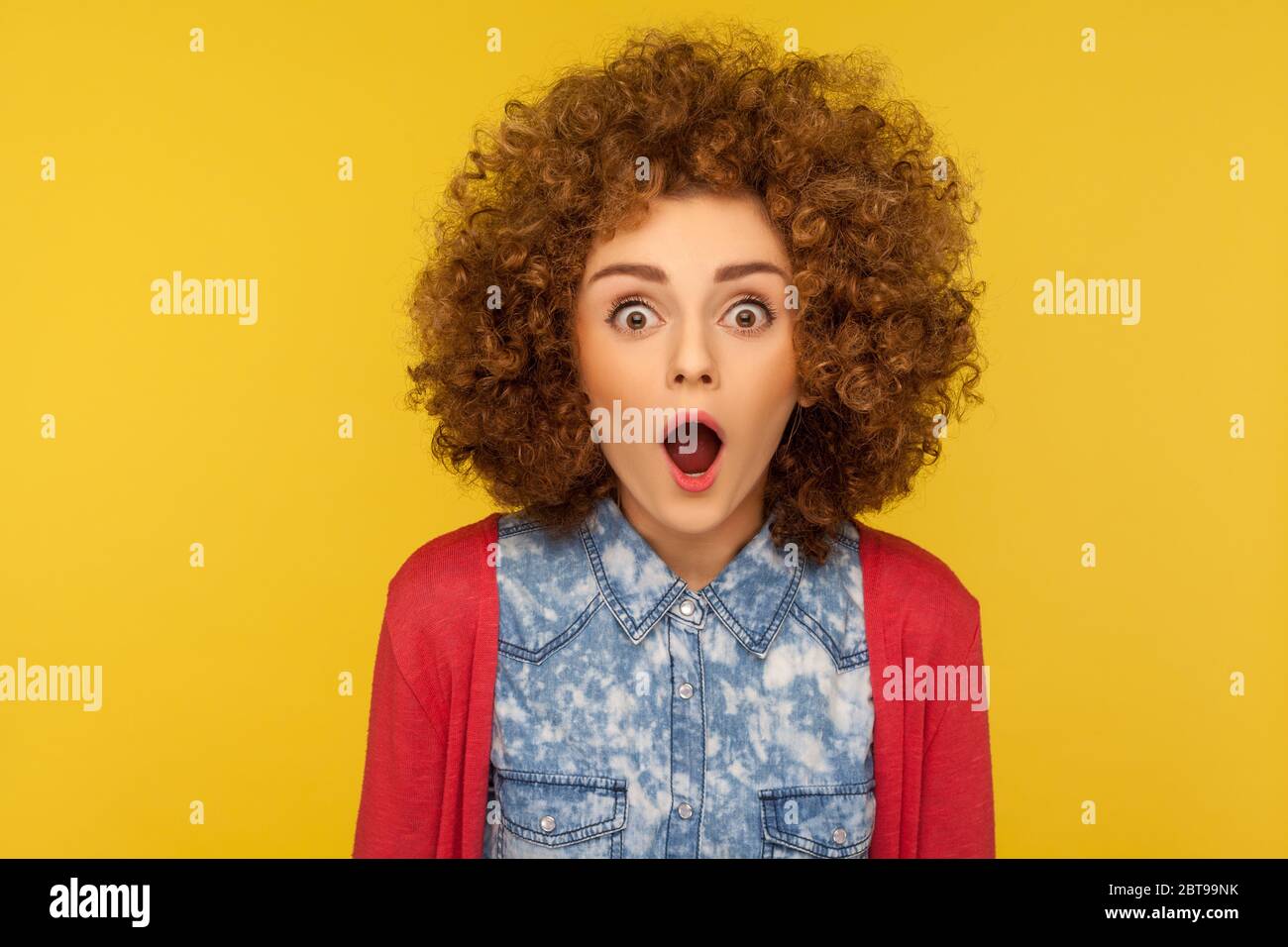 Wow, unbelievable! Closeup portrait of excited amazed woman with fluffy ...