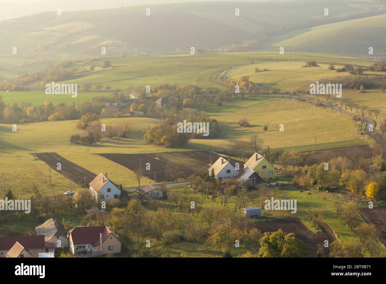 scenic rural summer hilly countryside from aerial view Stock Photo