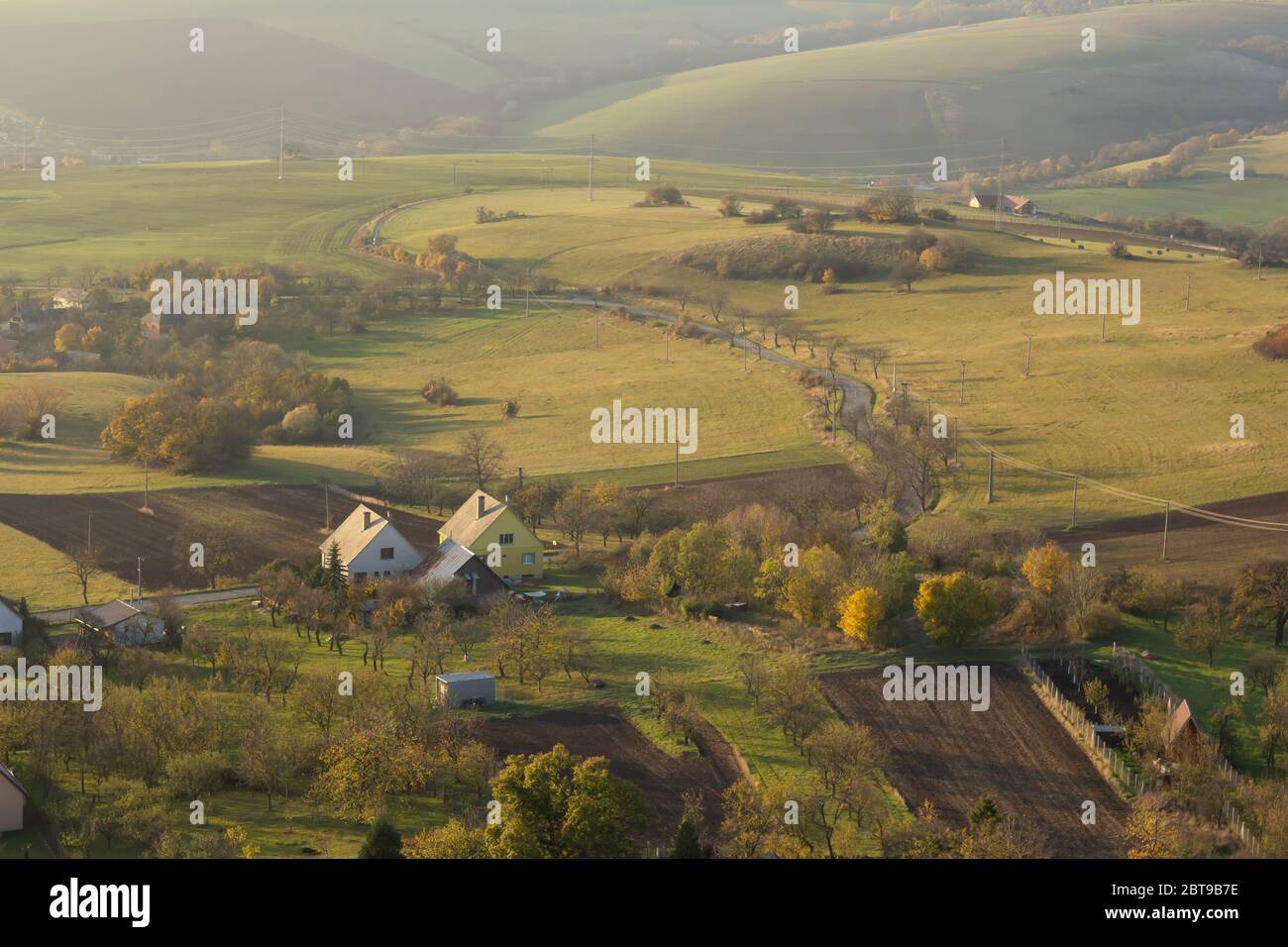 scenic rural summer hilly countryside from aerial view Stock Photo