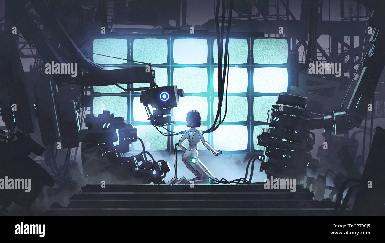 Restore the power to the last one. Female robot repairing itself in the factory, digital art style, illustration painting Stock Photo