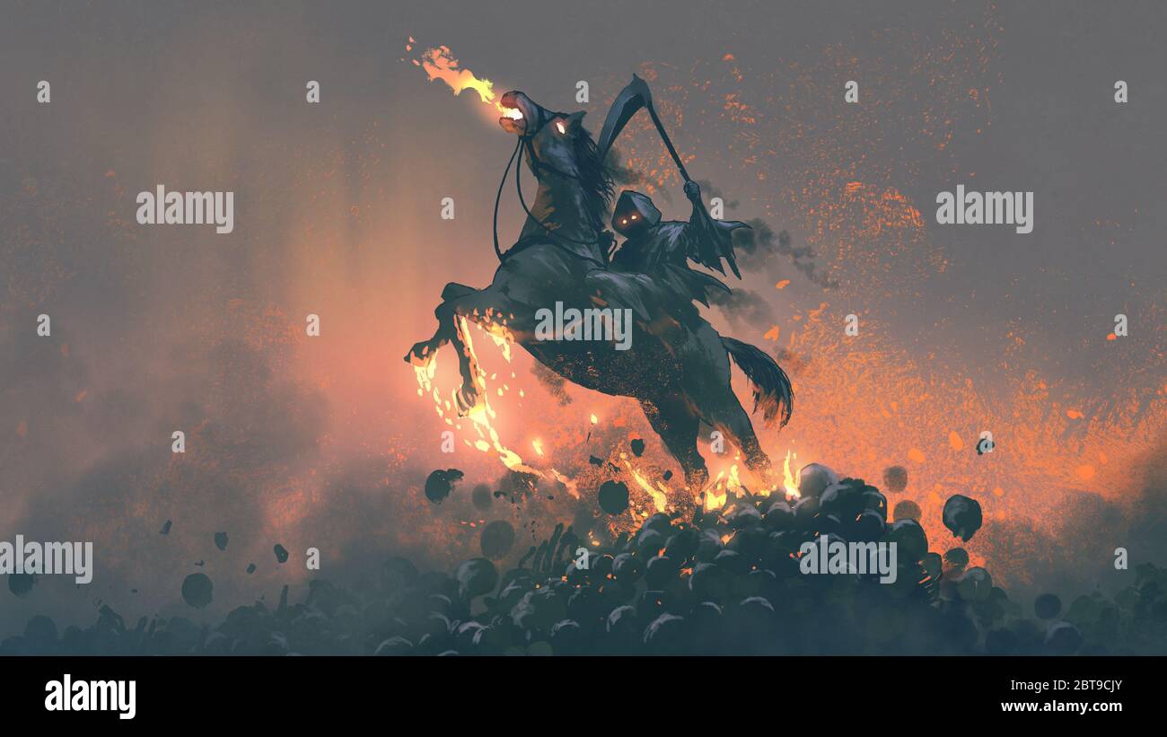 the horseman, grim reaper riding the horse jumping  from a pile of human skulls, digital art style, illustration painting Stock Photo