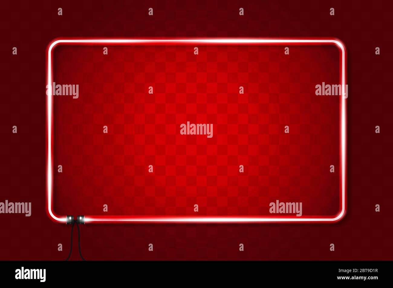 Glowing rounded rectangular neon frame, red background. Realistic ...