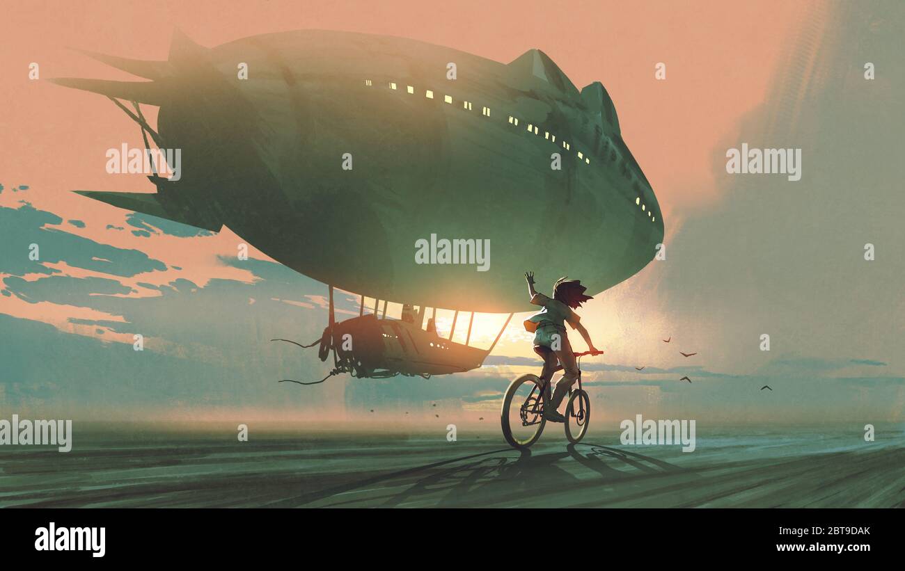 kid rides a bicycle waving good bye to the airship at sunset, digital art style, illustration painting Stock Photo