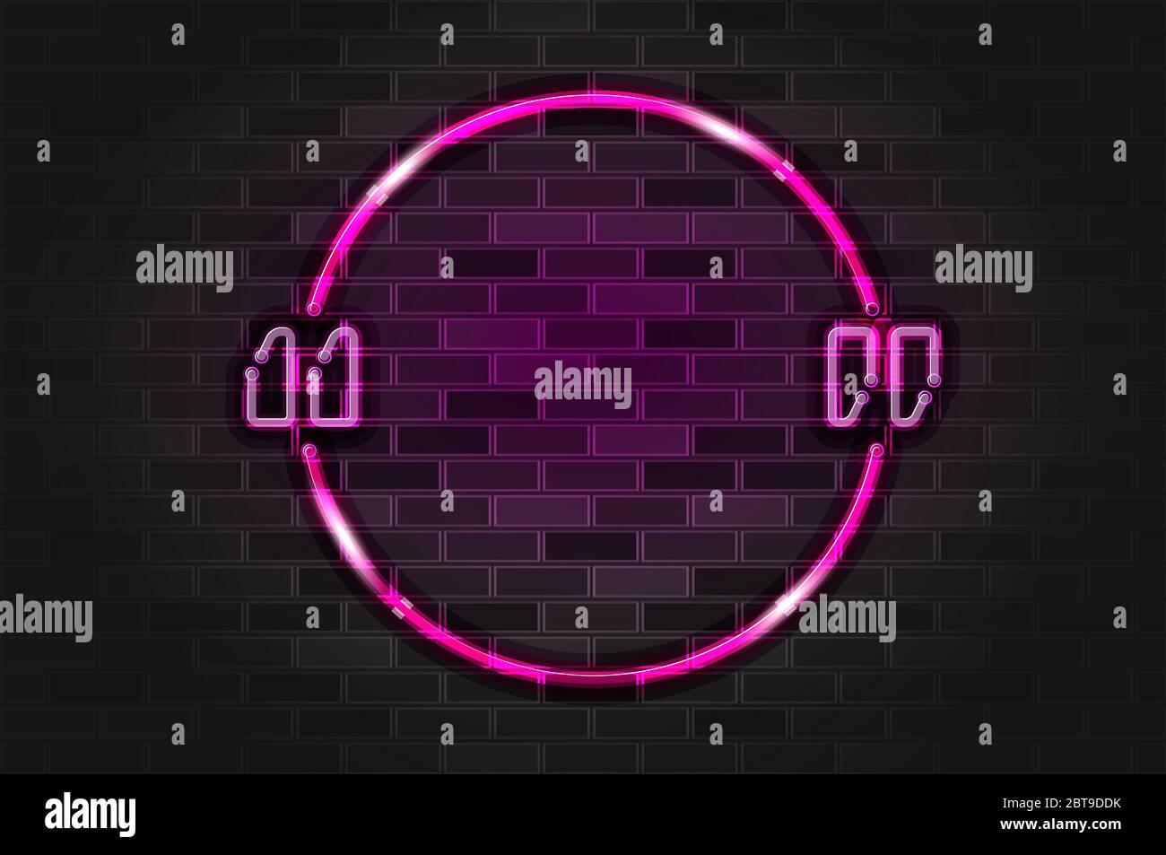 Round pink frame with quotation marks glowing neon sign or LED strip light. Realistic