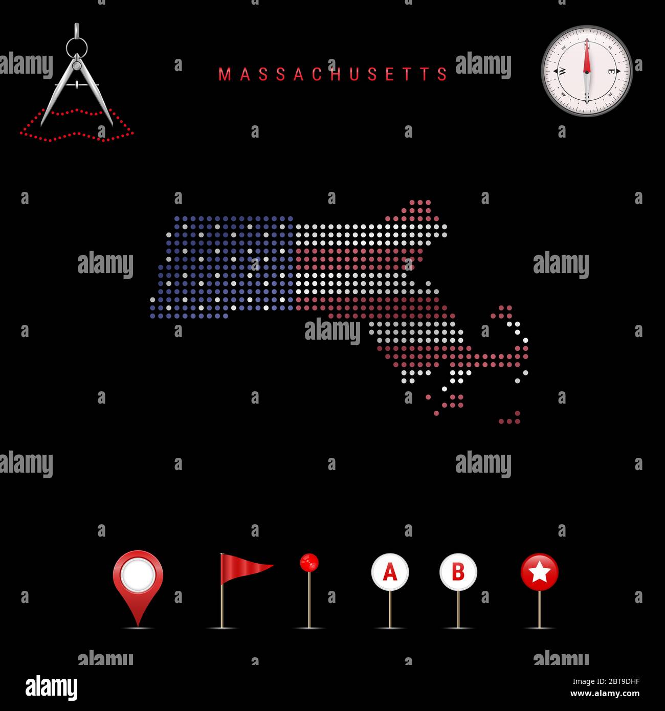 Dotted map of Massachusetts painted in the colors of the national flag ...