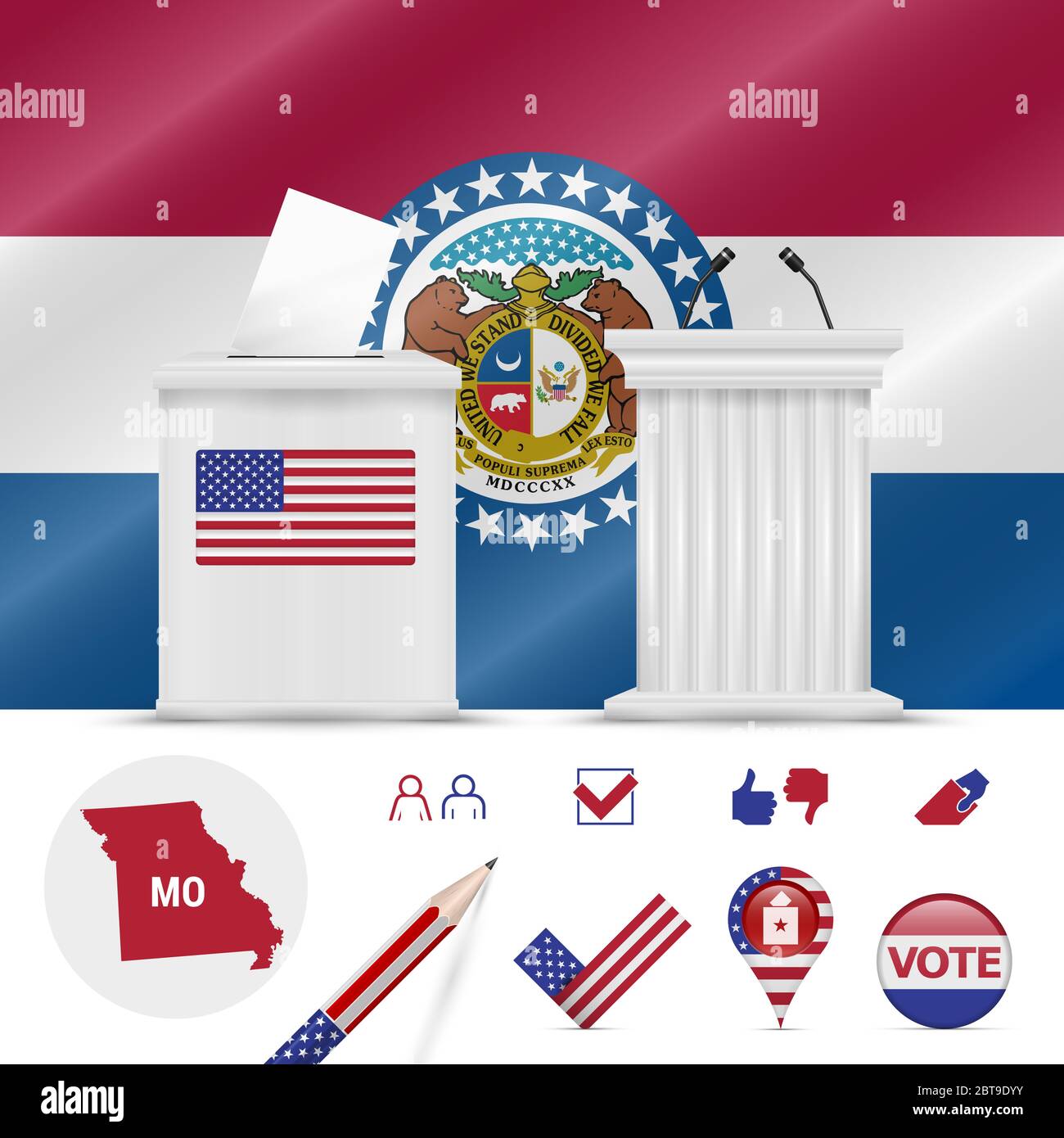 Presidential elections in Missouri. waving flag, realistic ballot box