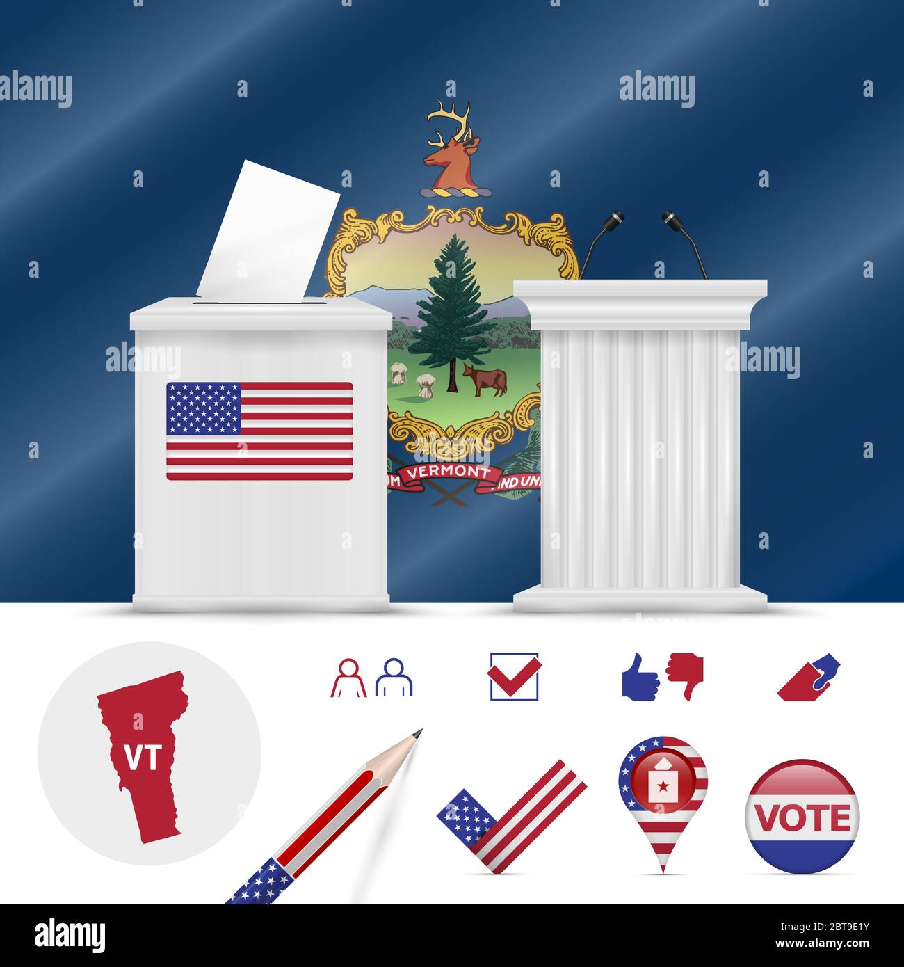 Presidential elections in Vermont. waving flag, realistic ballot box