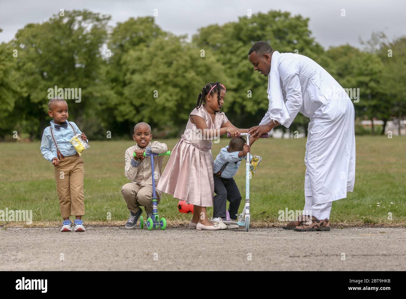A black Moslem family in the park in Birmingham, UK on Eid 2020 Stock Photo