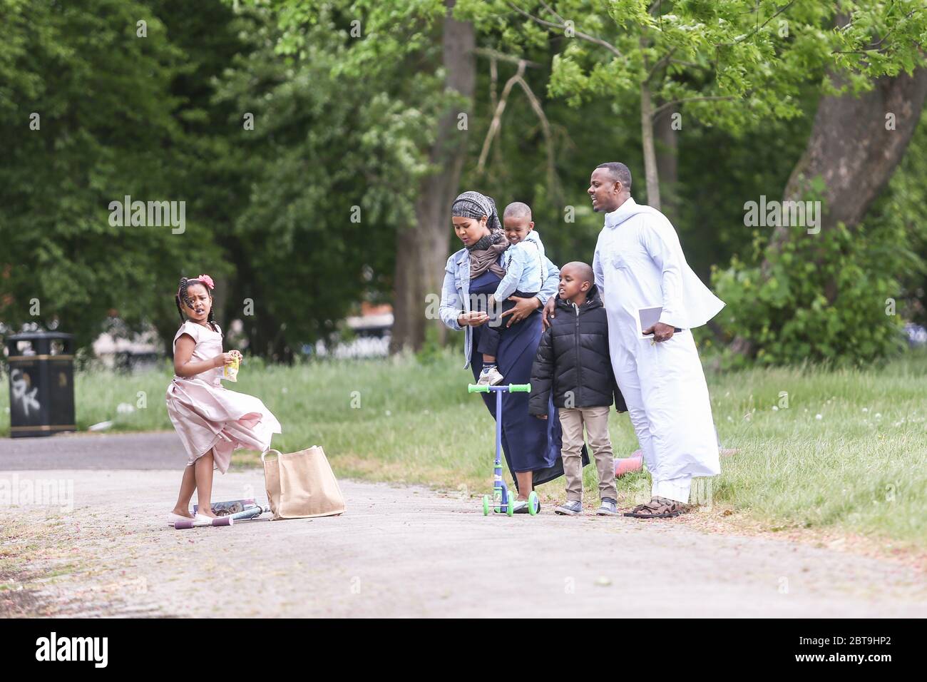 A black Moslem family in the park in Birmingham, UK on Eid 2020 Stock Photo